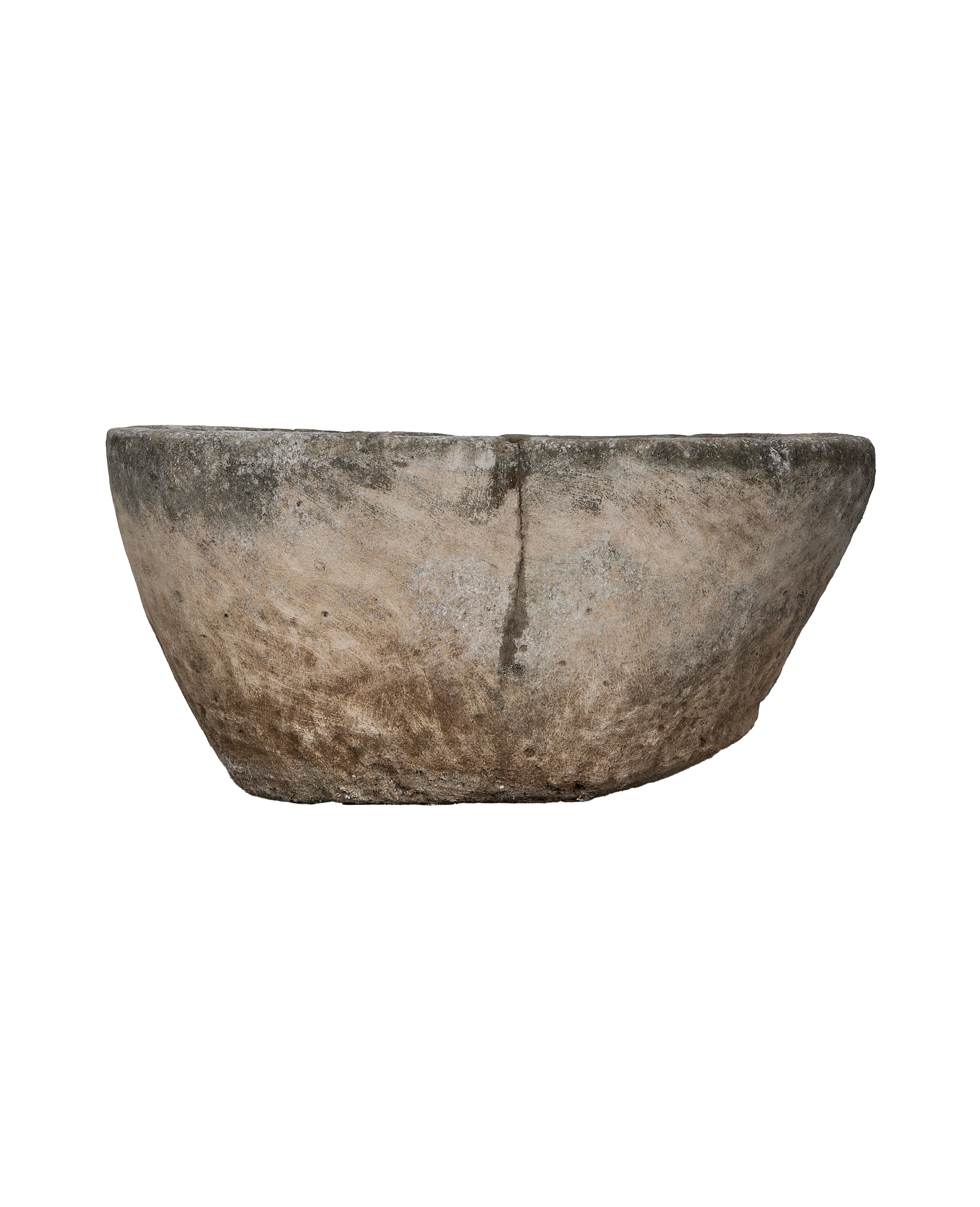Vintage OAK Indonesian round limestone trough, side profile, weathered surface texture.