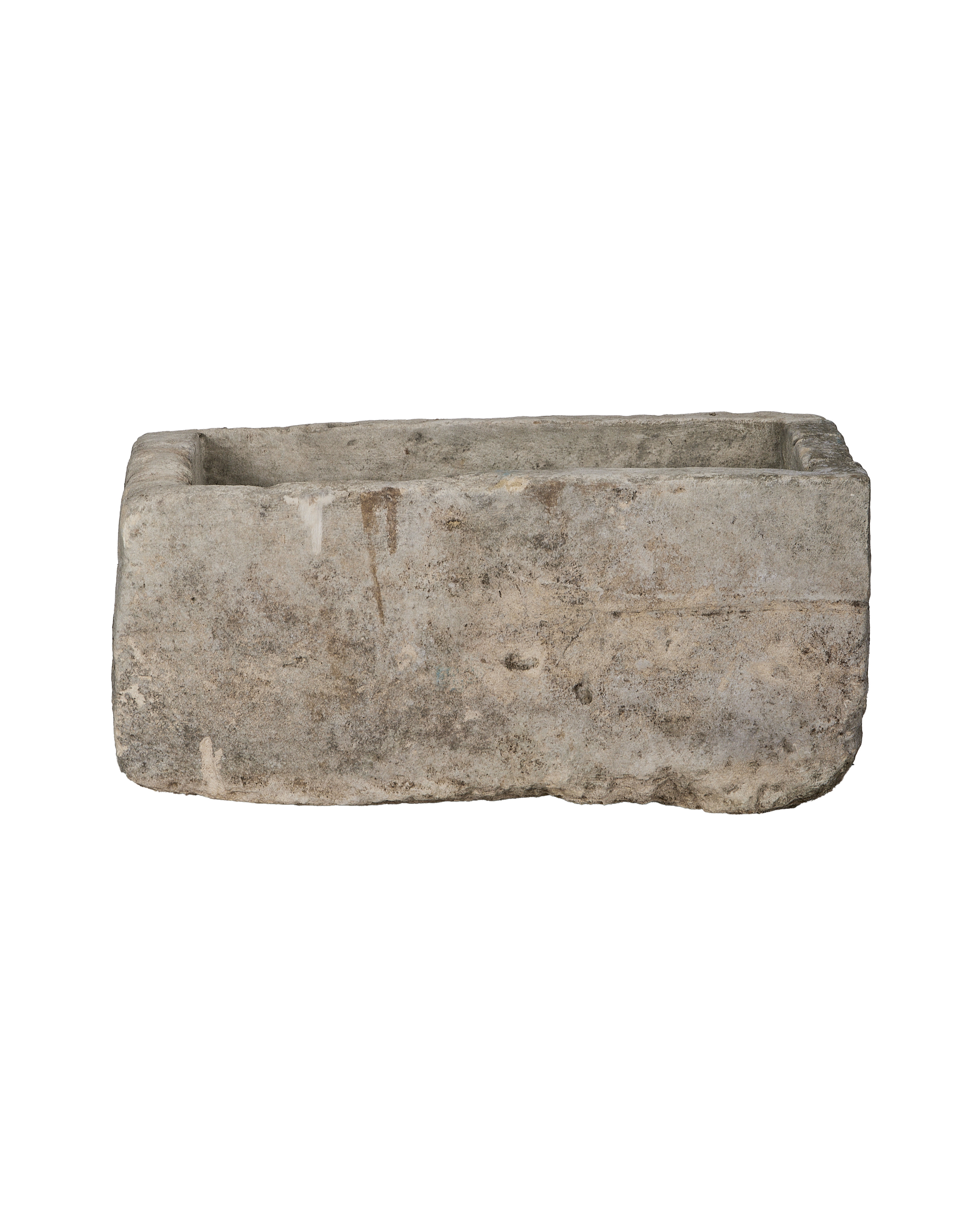 Vintage rectangular Indonesian limestone trough, OAK finish, weathered texture.