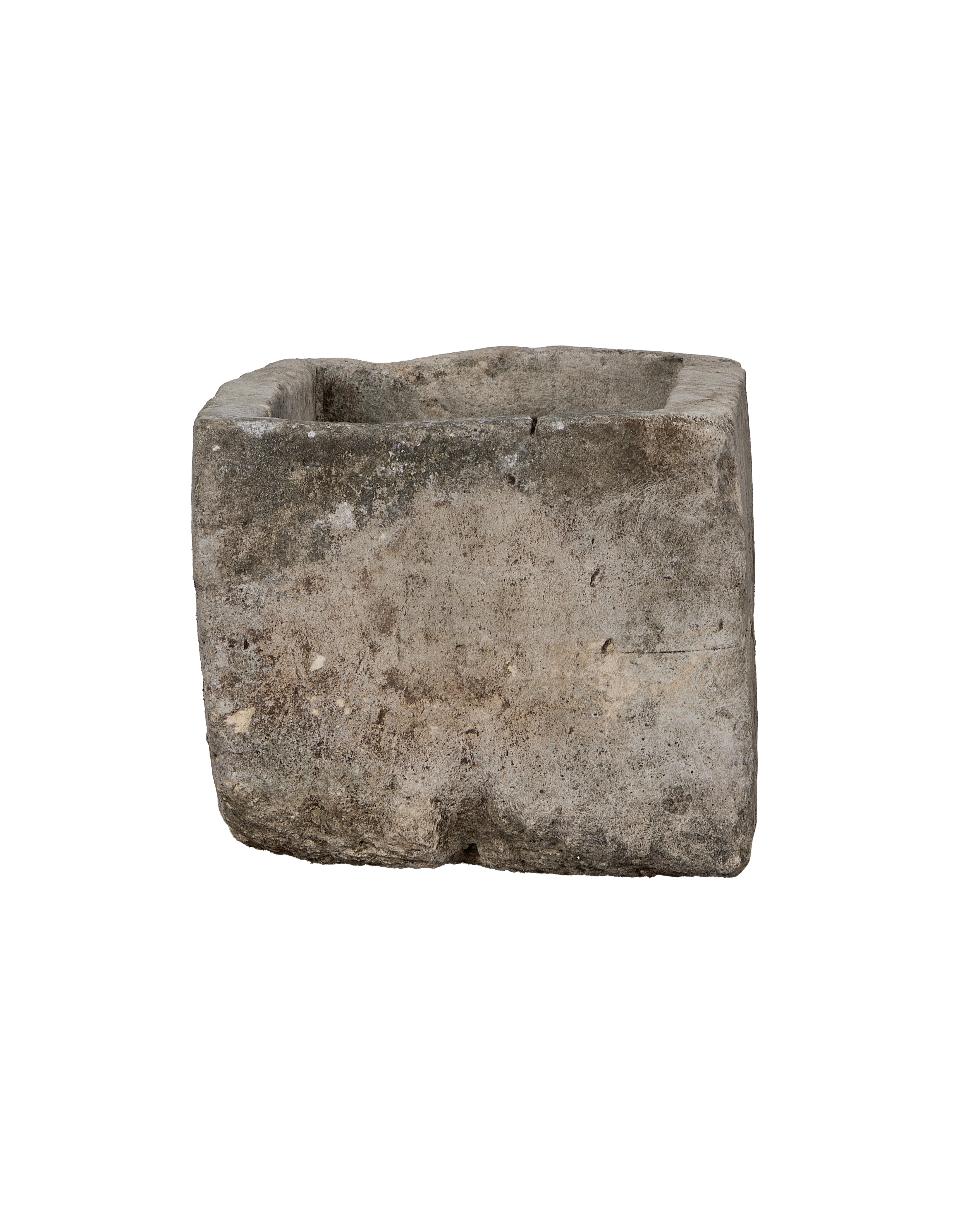 Vintage Indonesian limestone rectangular trough, weathered exterior with grey-green patina.