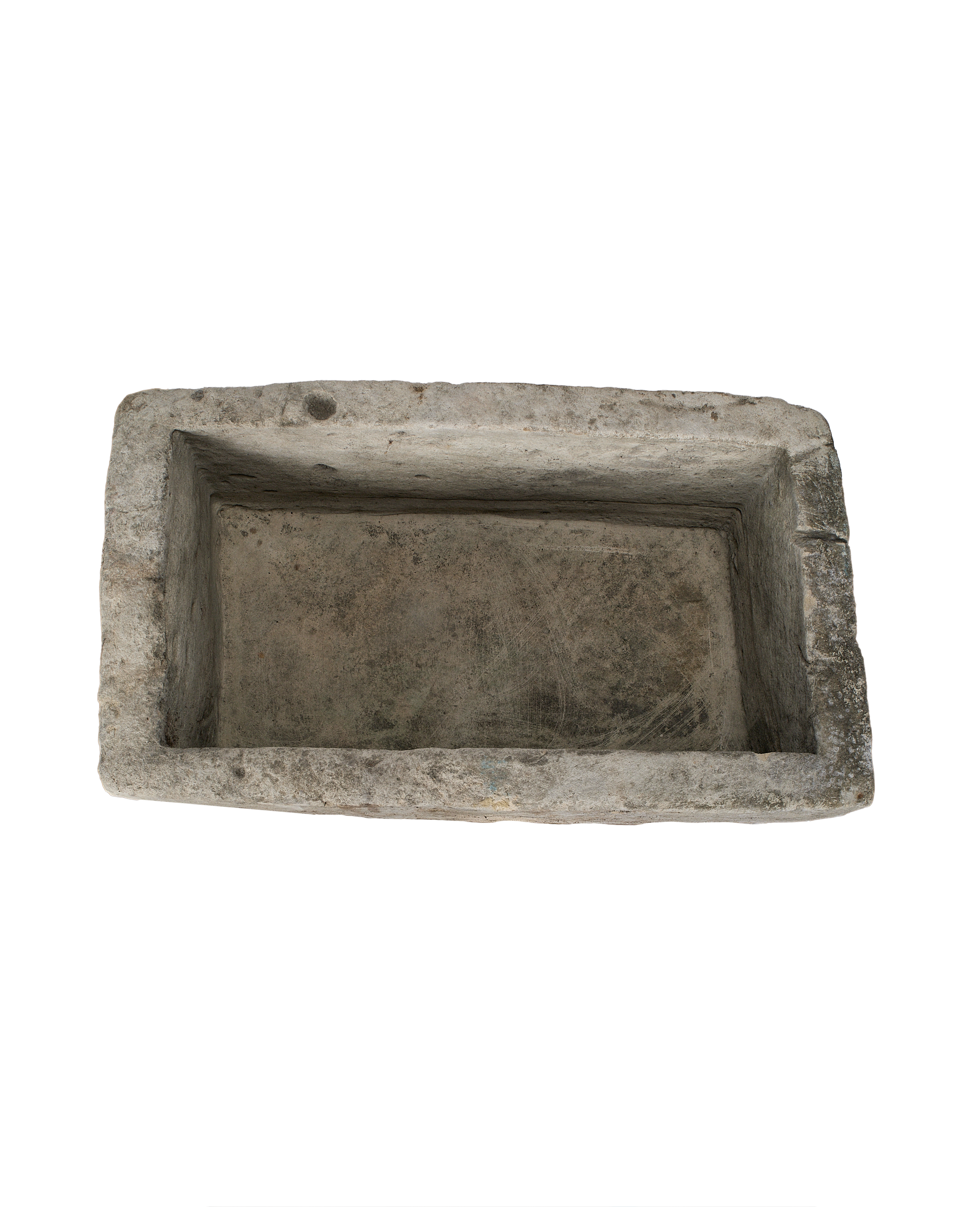Vintage rectangular Indonesian limestone trough with weathered natural patinated interior, top-down view.