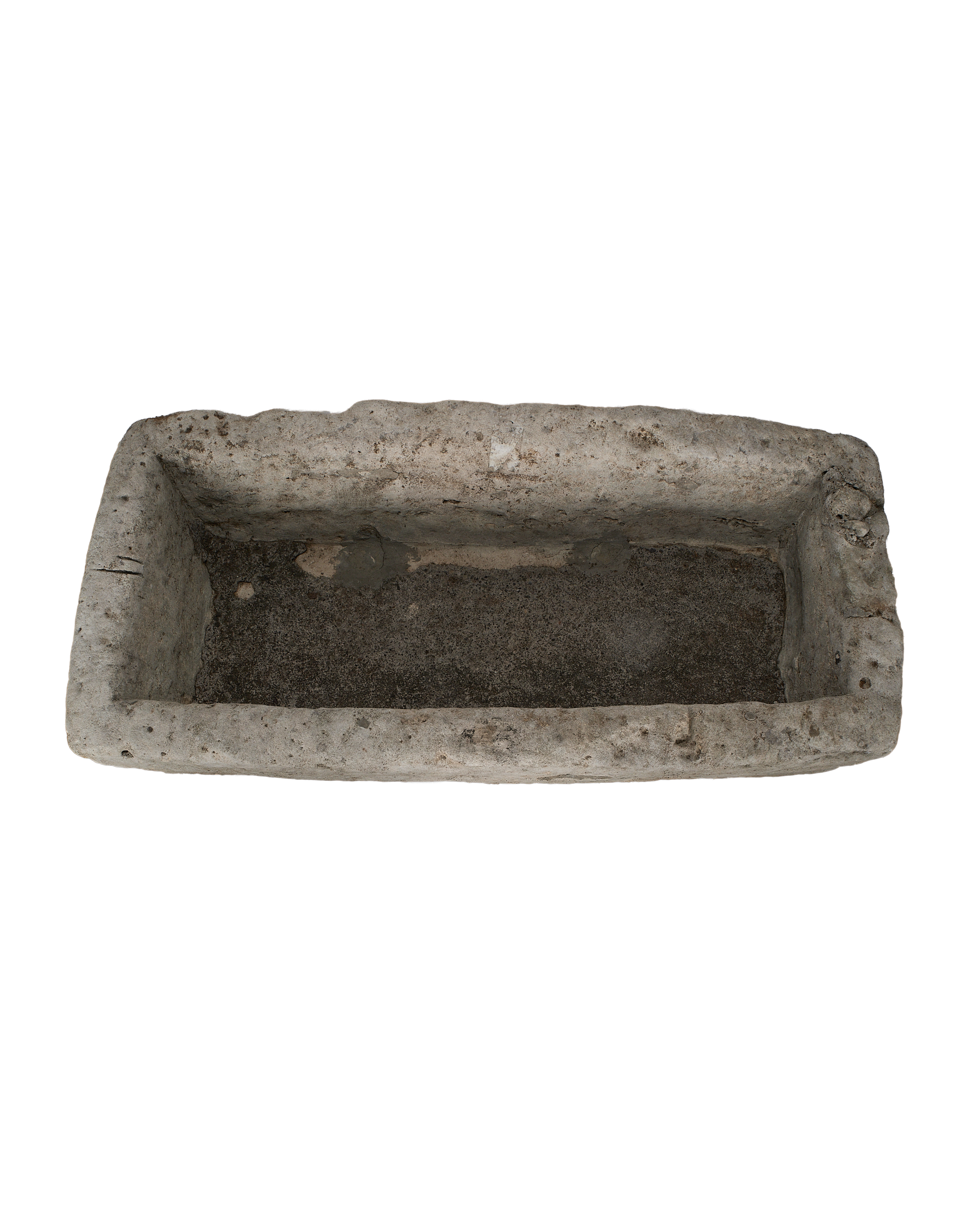 Vintage Indonesian rectangular limestone trough, top-down view showing interior texture and worn edges.