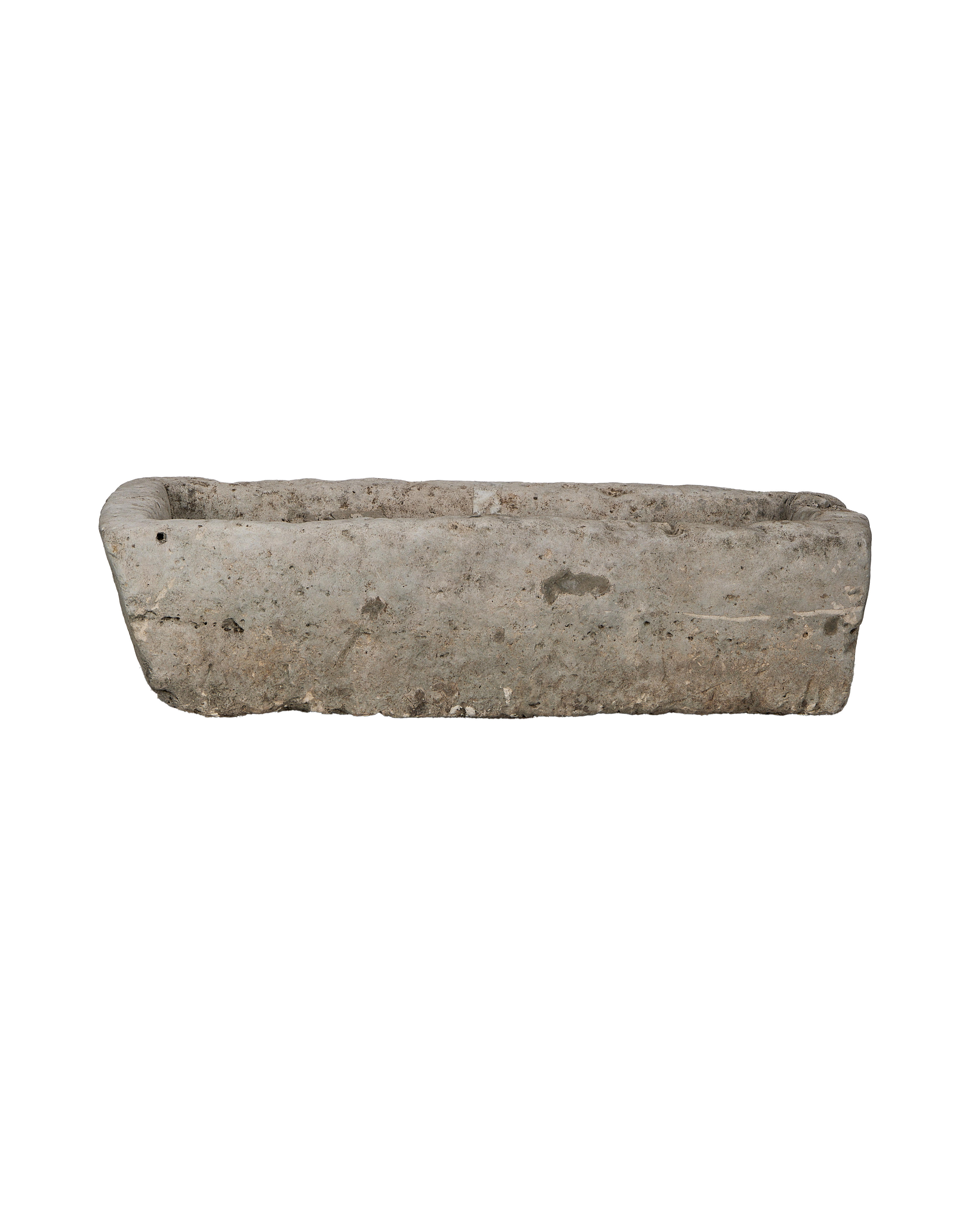 Vintage rectangular limestone trough from Indonesia, weathered light gray with rough textured finish.