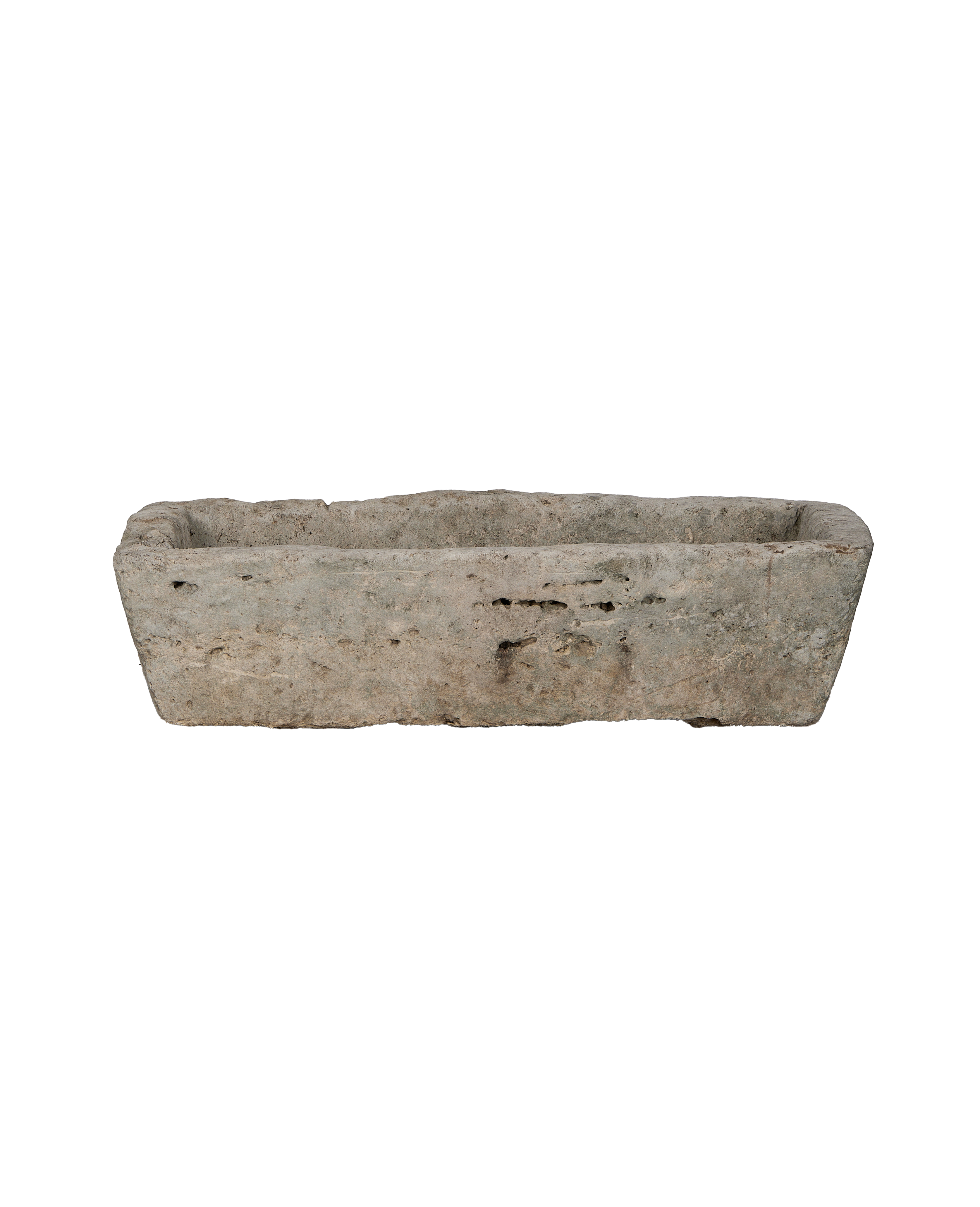 Distressed vintage limestone trough, rectangular, showing textural wear, perfect for garden accents.
