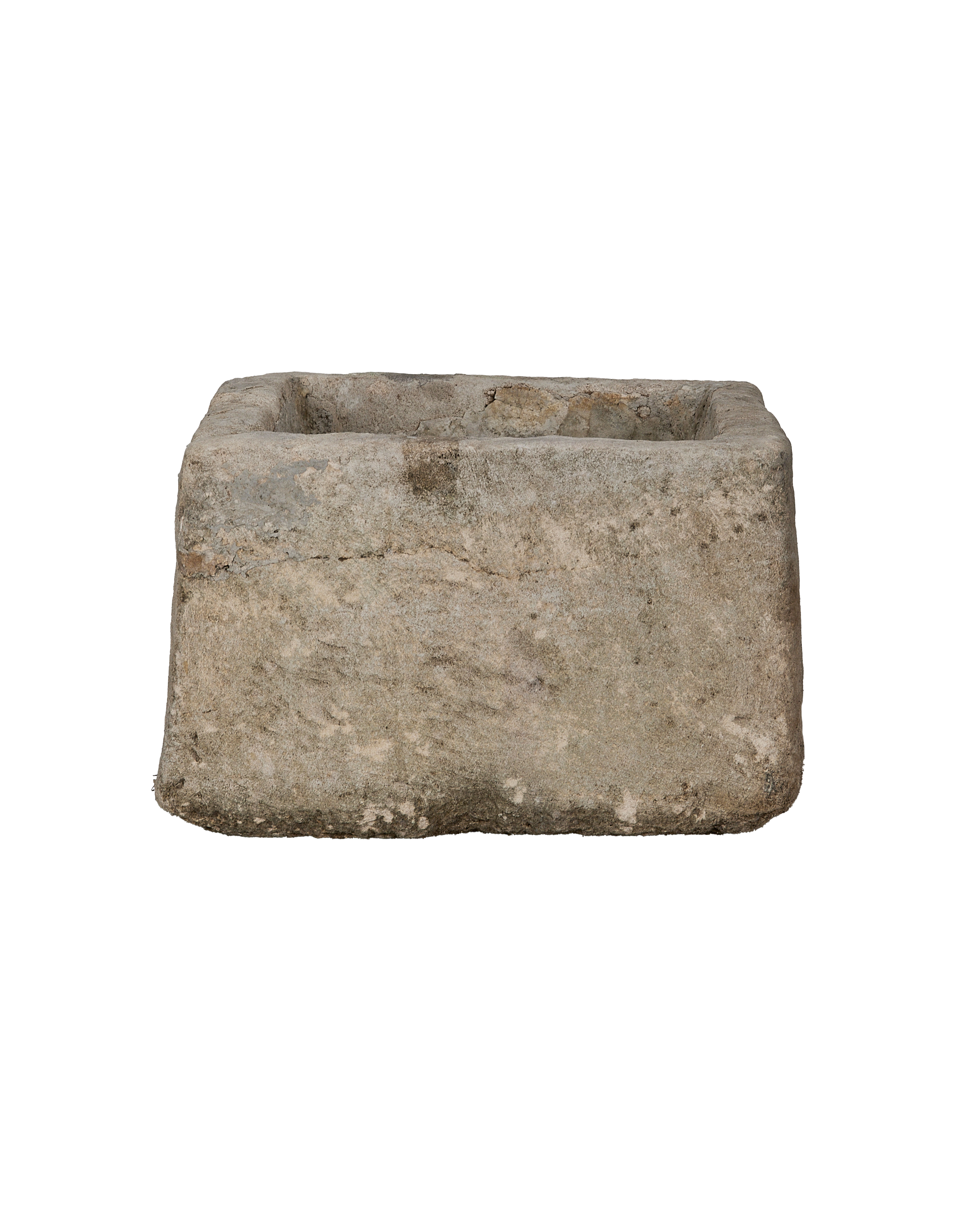 Vintage Indonesian limestone rectangular trough, weathered grey stone and rough textured surface.