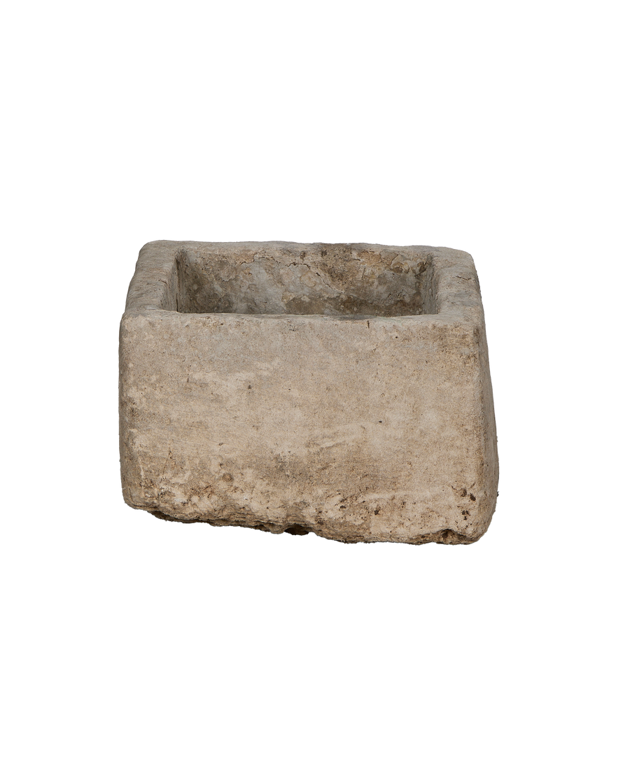 Vintage Indonesian limestone trough, rectangular, showcasing rough texture and weathered condition from above.