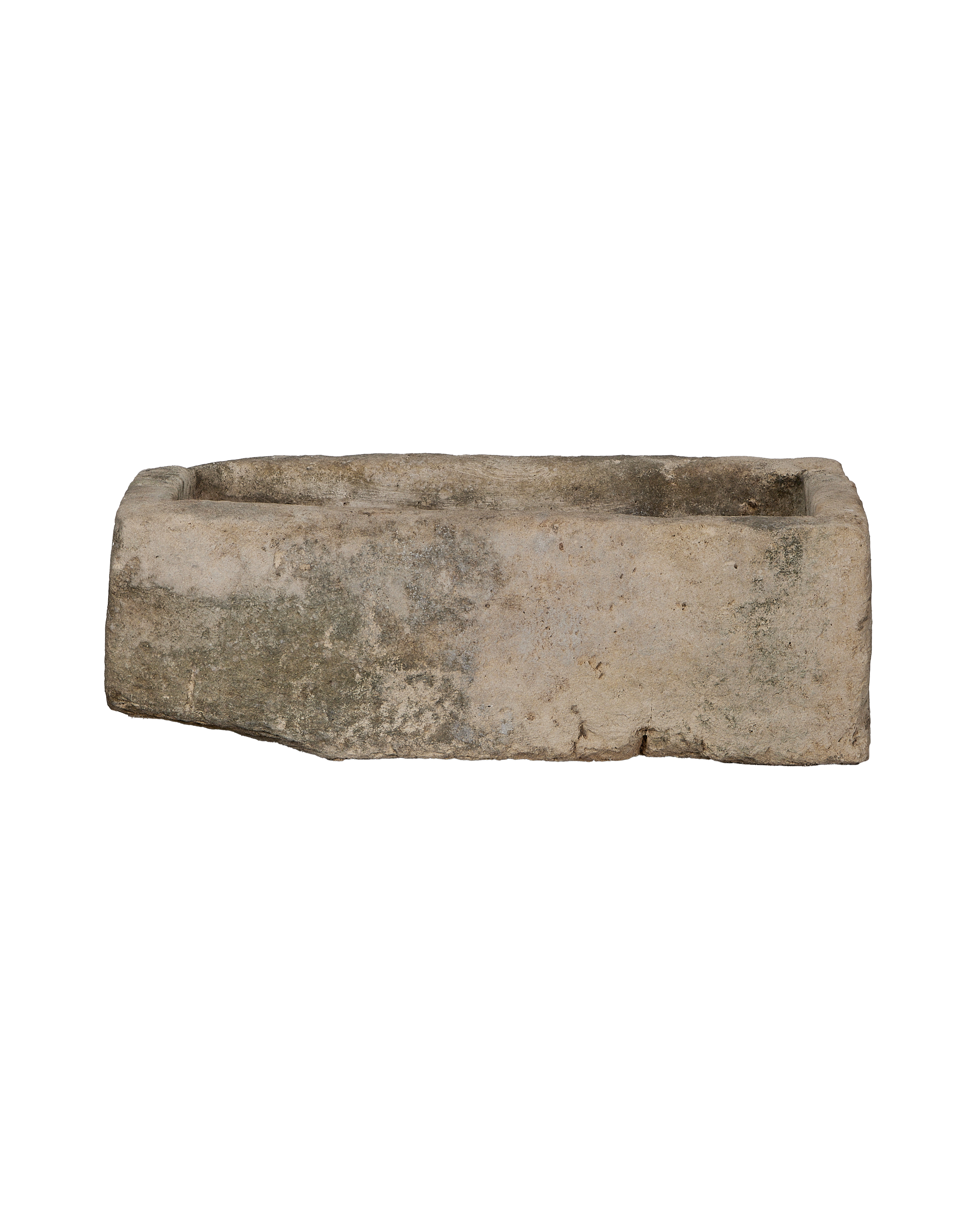 Vintage Indonesian rectangular limestone trough, light gray with weathered green patina, aged condition.