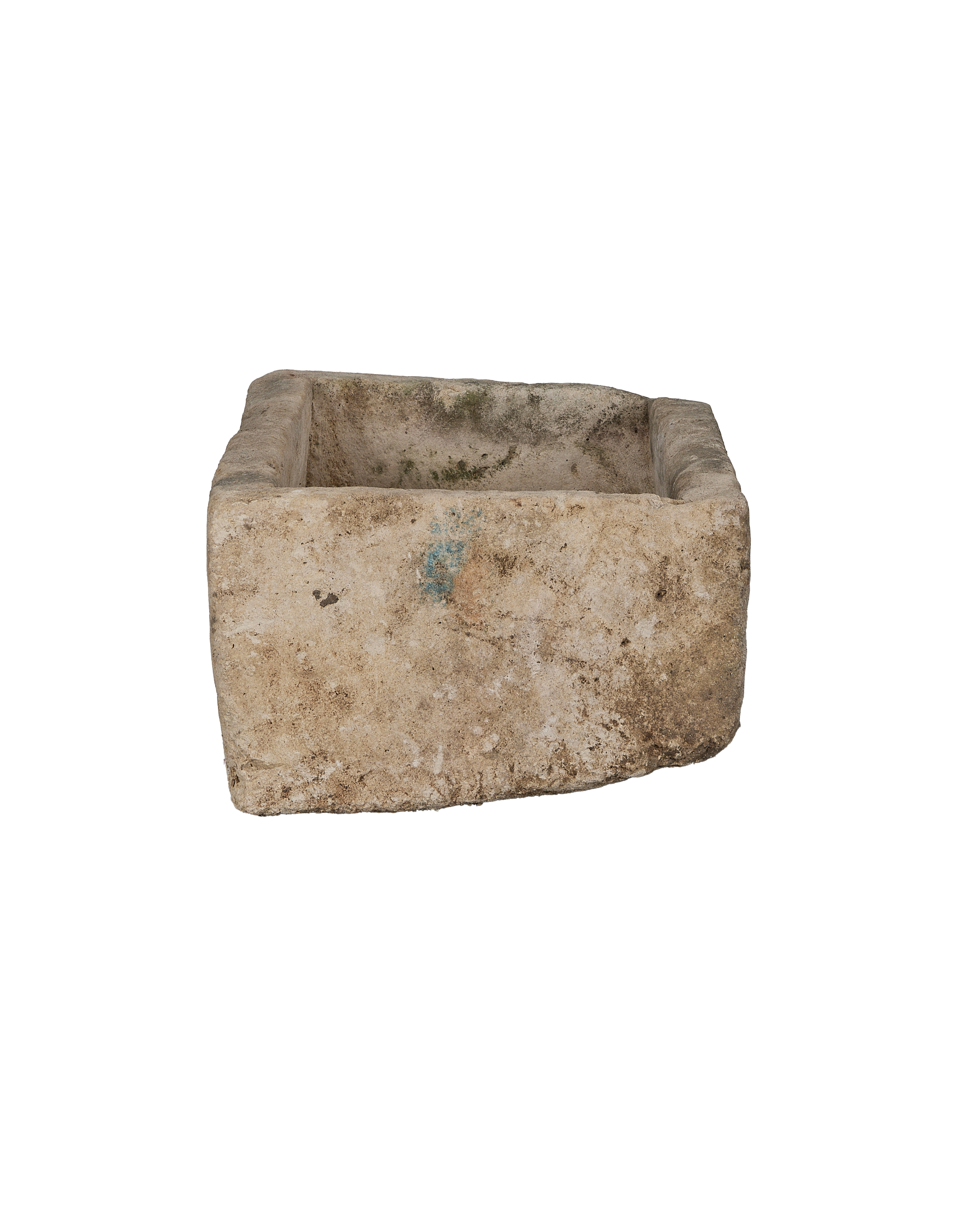 Vintage Indonesian rectangular limestone trough, rustic condition, showing natural texture and moss details.