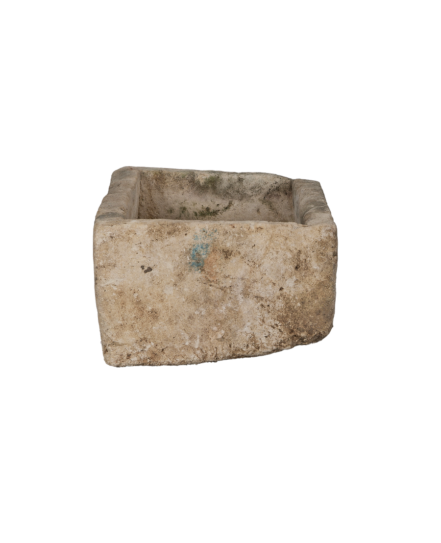 Vintage Indonesian rectangular limestone trough, rustic condition, showing natural texture and moss details.