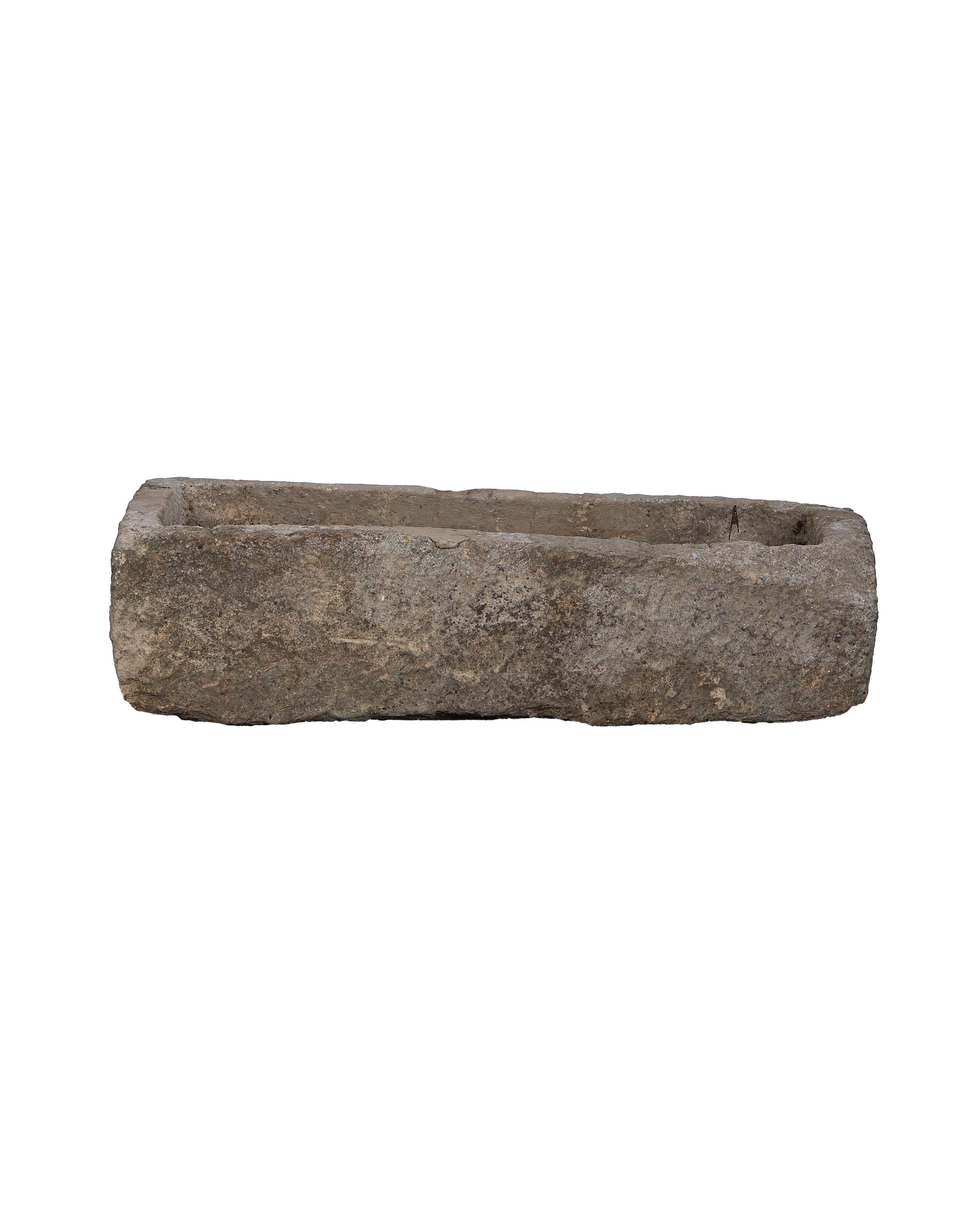 Vintage rectangular limestone trough, weathered gray, for garden or home decor.