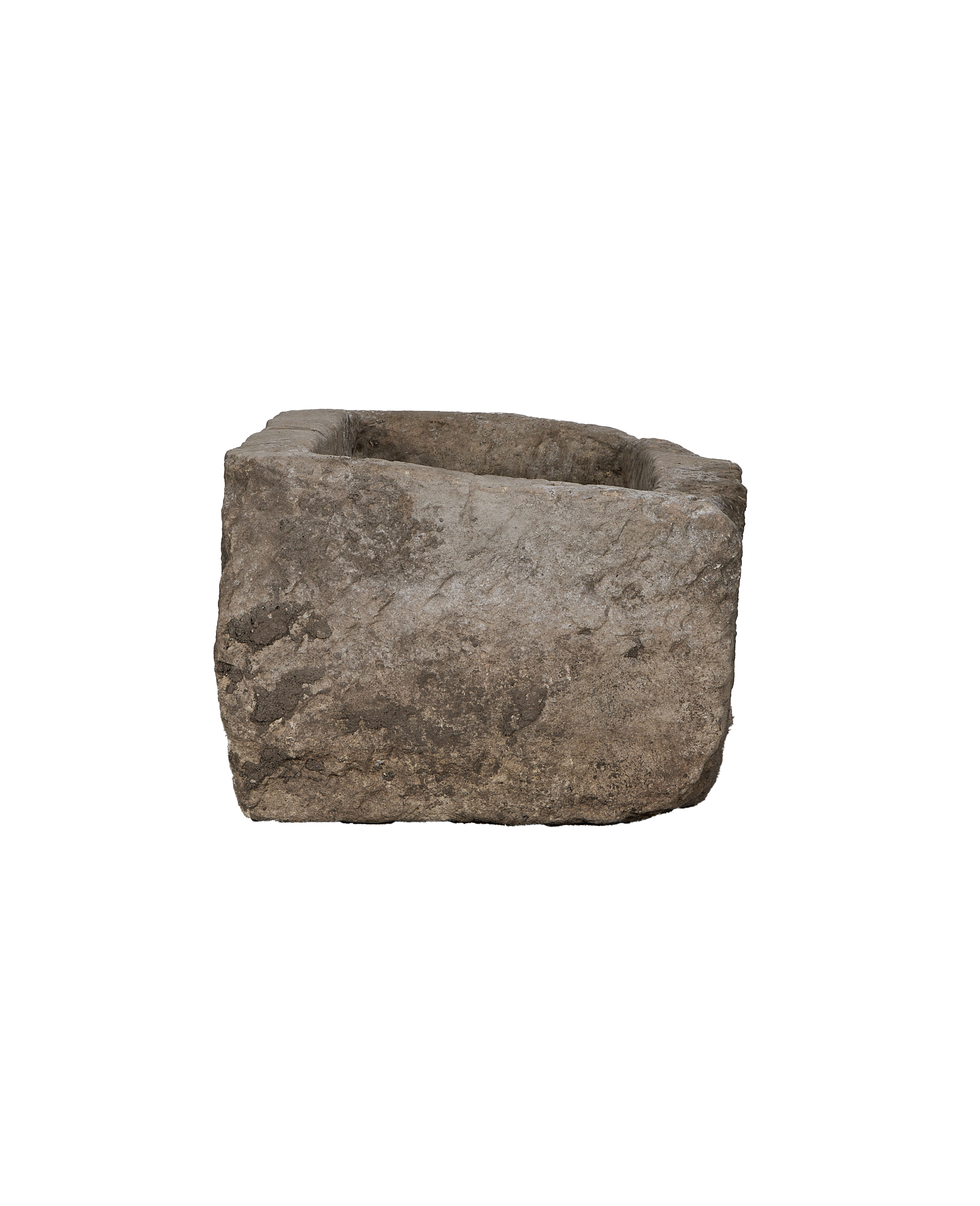Vintage Indonesian rectangular limestone trough, rustic greyish texture, top-down angled view.
