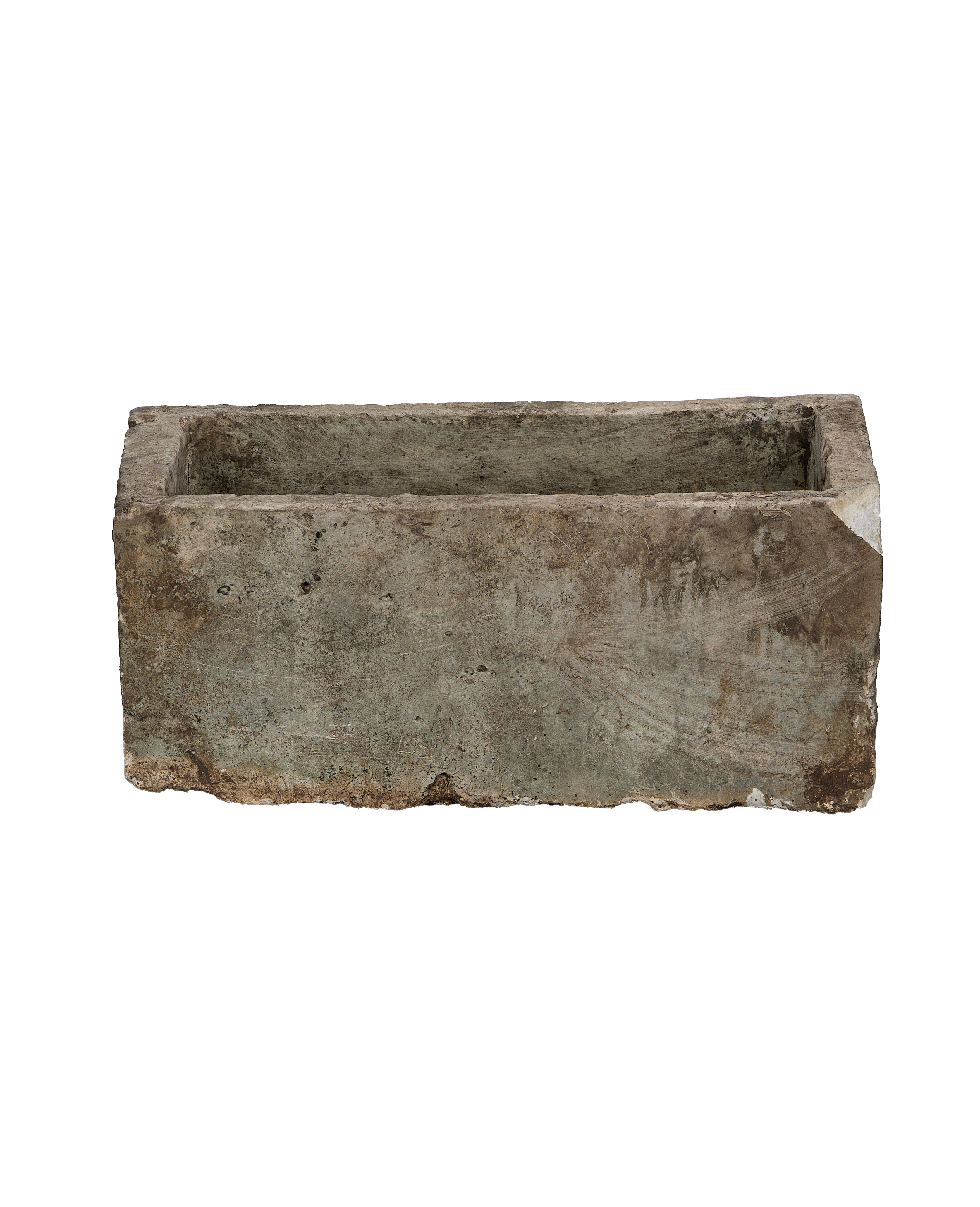 Vintage rectangular limestone trough, weathered gray concrete patina, aged Indonesian garden planter.