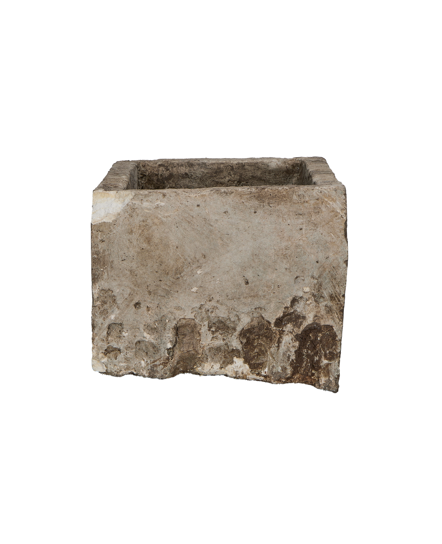 Vintage Indonesian limestone rectangular trough, weathered exterior with rough texture and charming natural imperfections.
