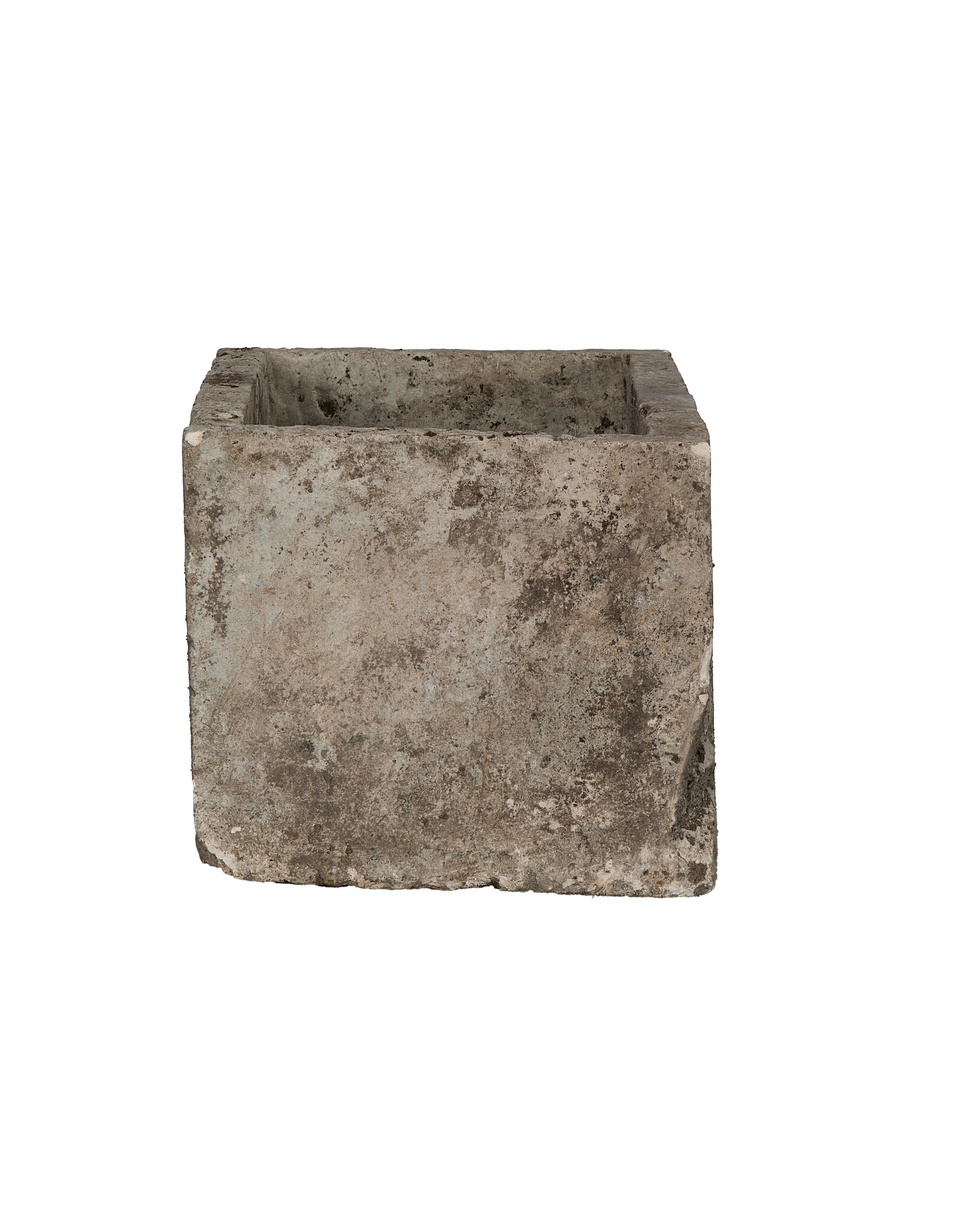 Vintage Indonesian rectangular limestone trough showing weathered light gray exterior and dark interior.