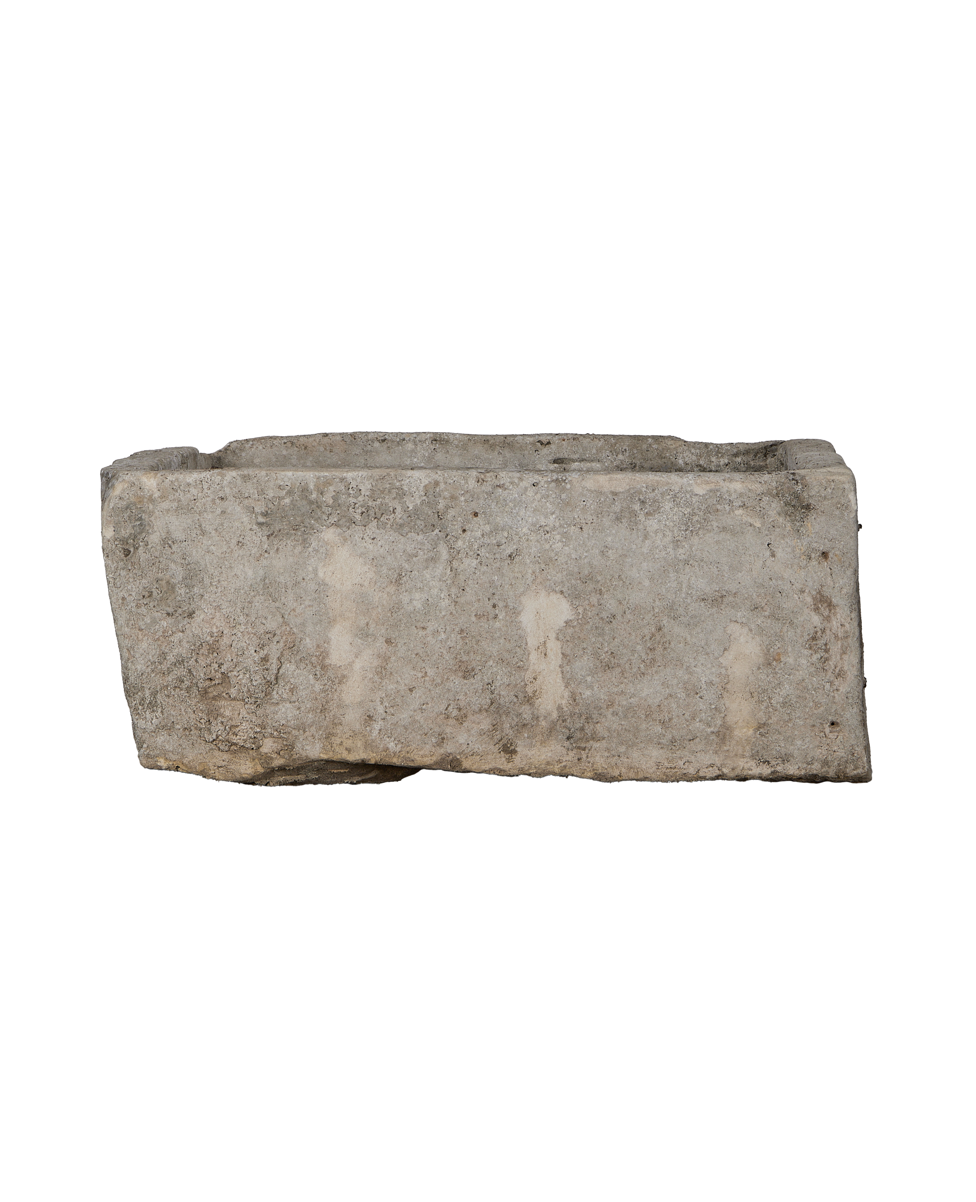 Vintage rectangular limestone trough, rustic Indonesian planter with aged texture, detailed side view.