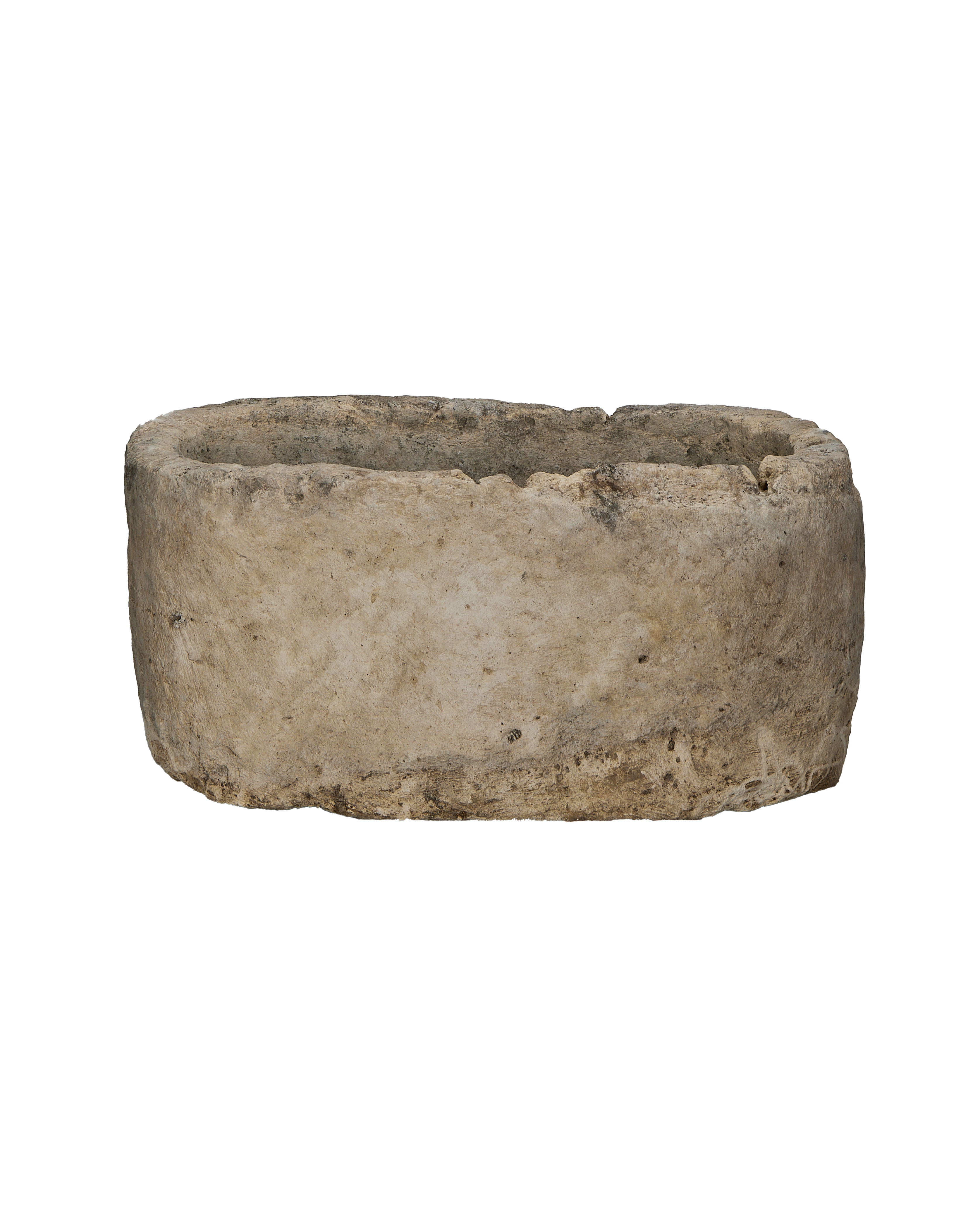 Vintage Indonesian oblong limestone trough, weathered gray, for garden or home decor.