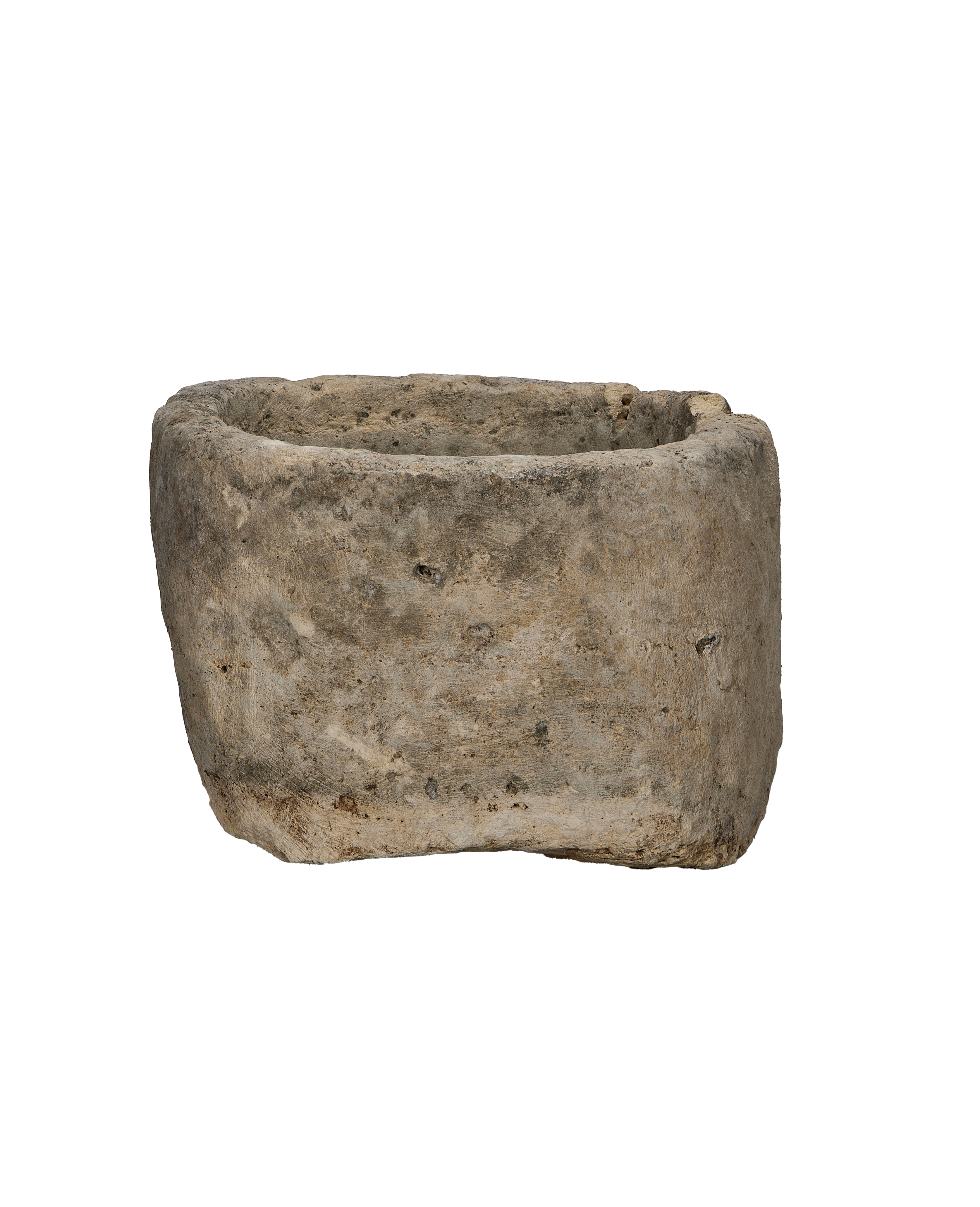 Vintage oblong limestone trough, front view showing weathered texture and natural imperfections.