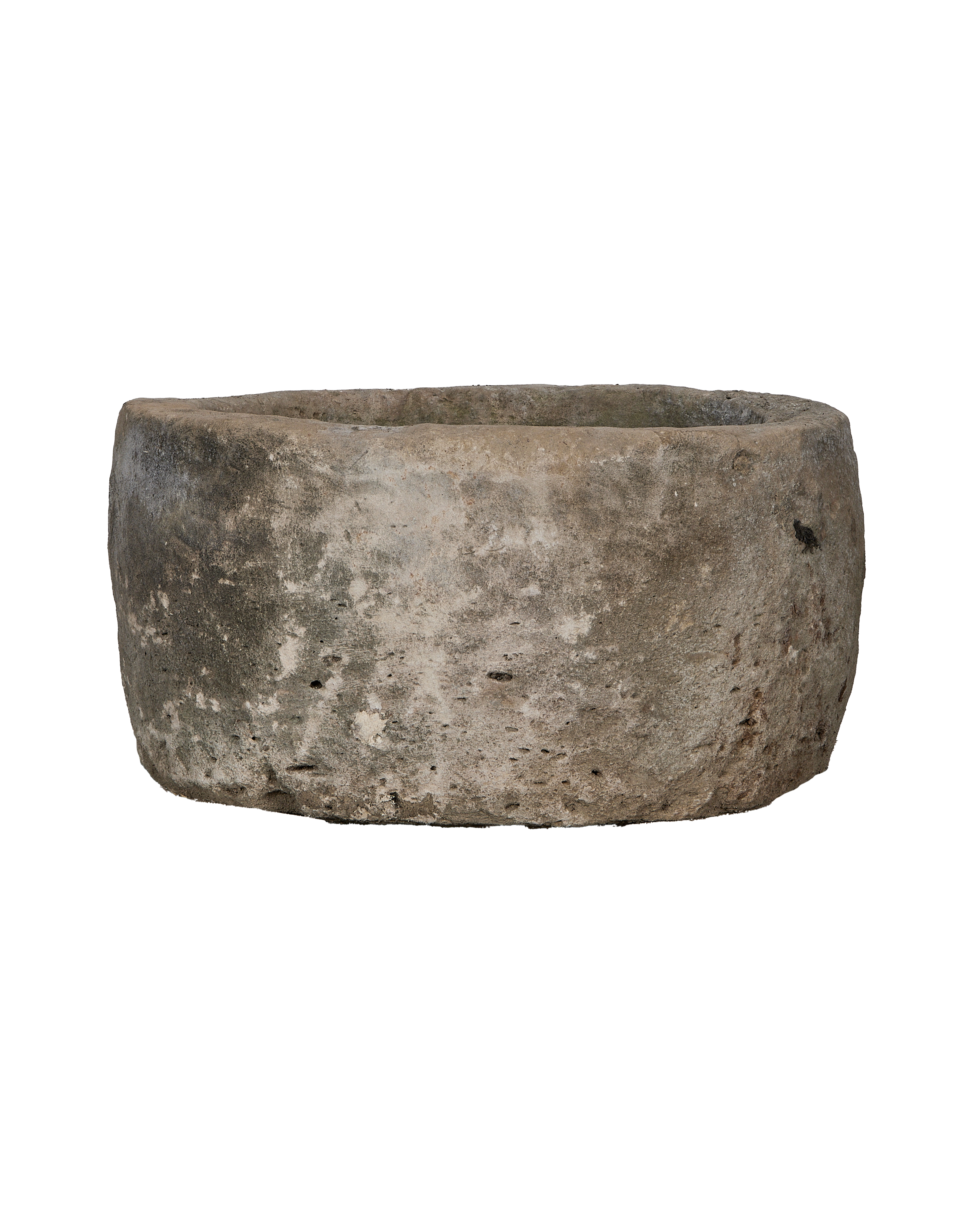 Vintage round Indonesian limestone trough, OAK, weathered texture.