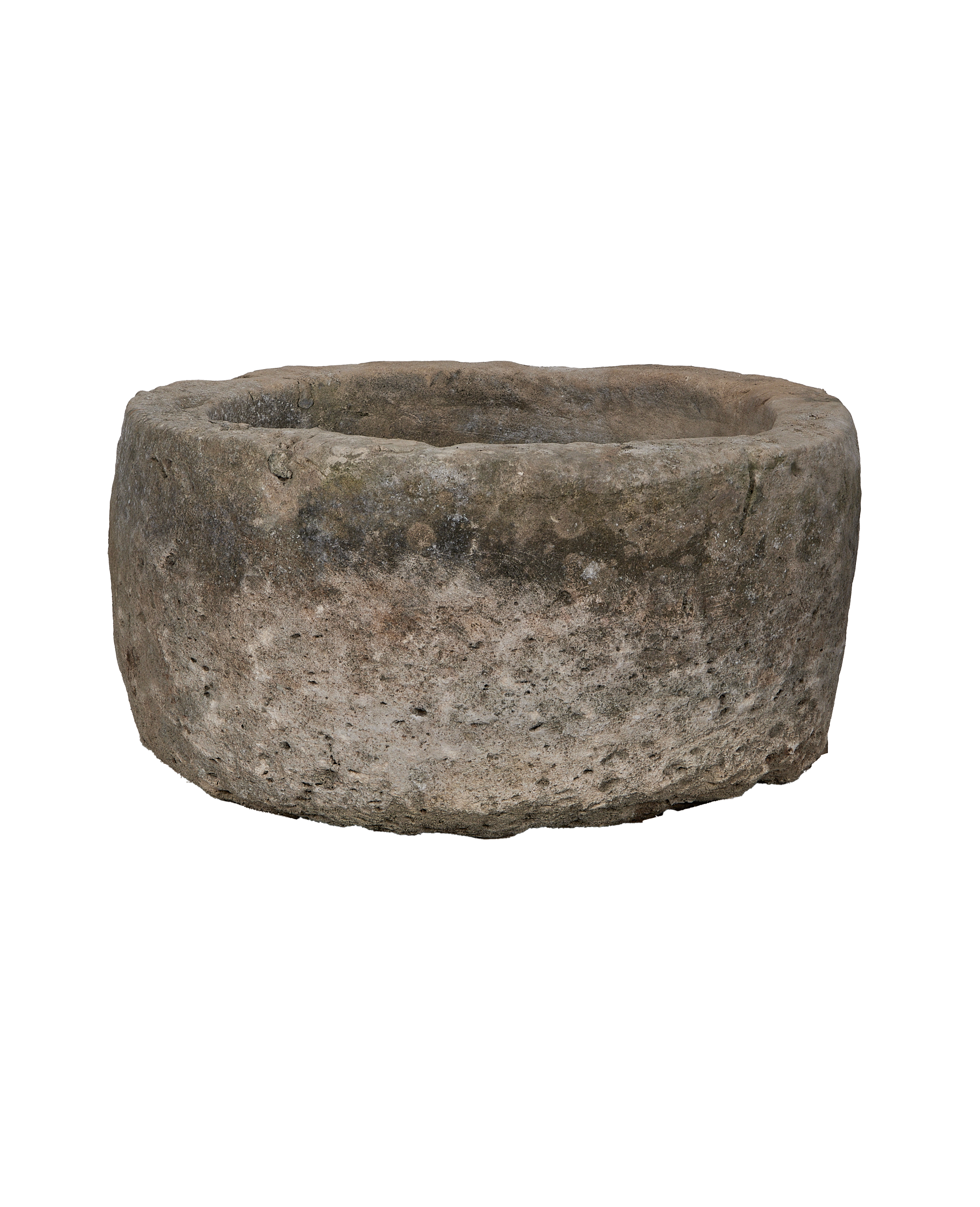 Vintage Indonesian limestone trough, round, showing detailed weathered surface texture.