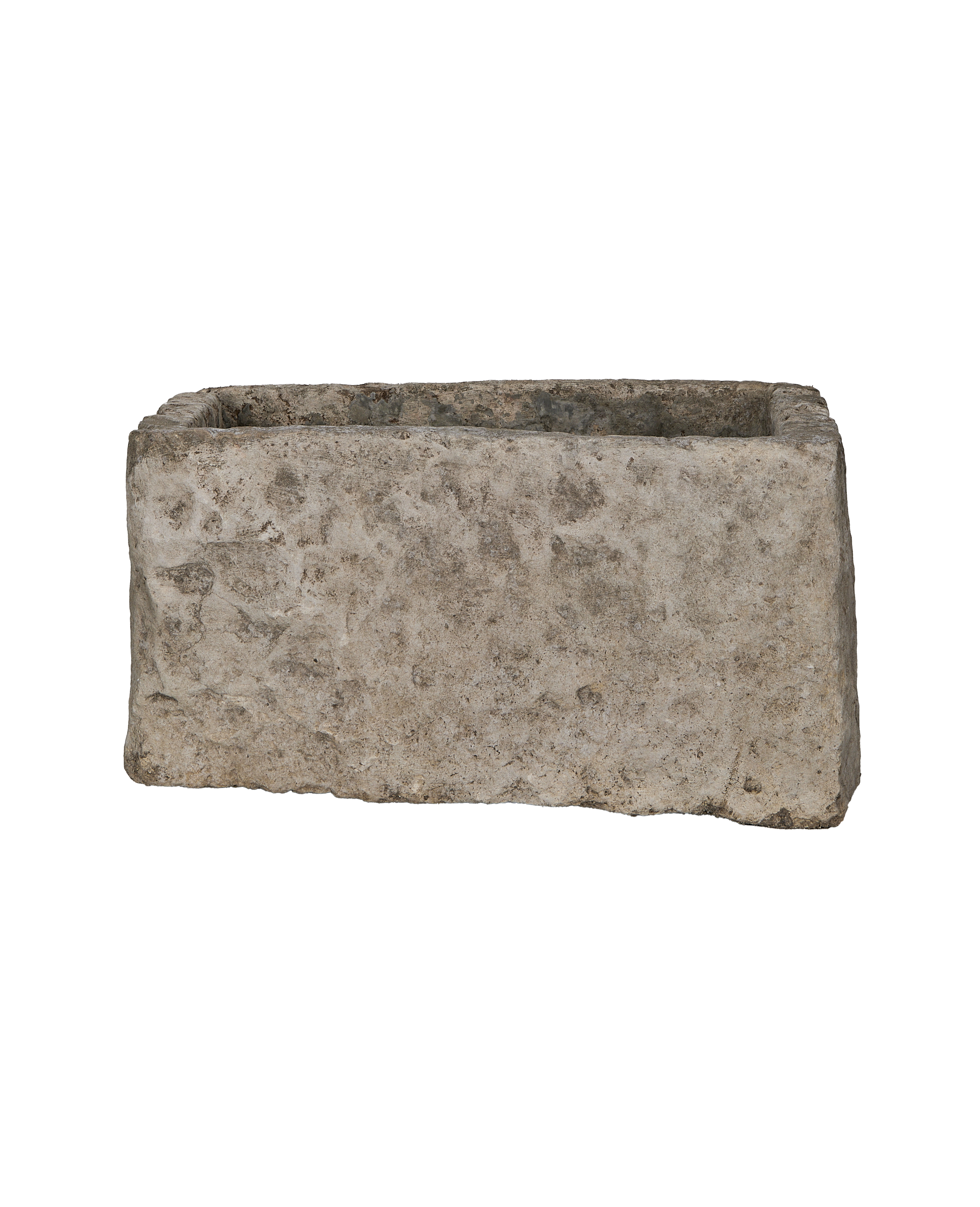 Vintage rectangular limestone trough, rustic texture, light gray, from Indonesia, top view.