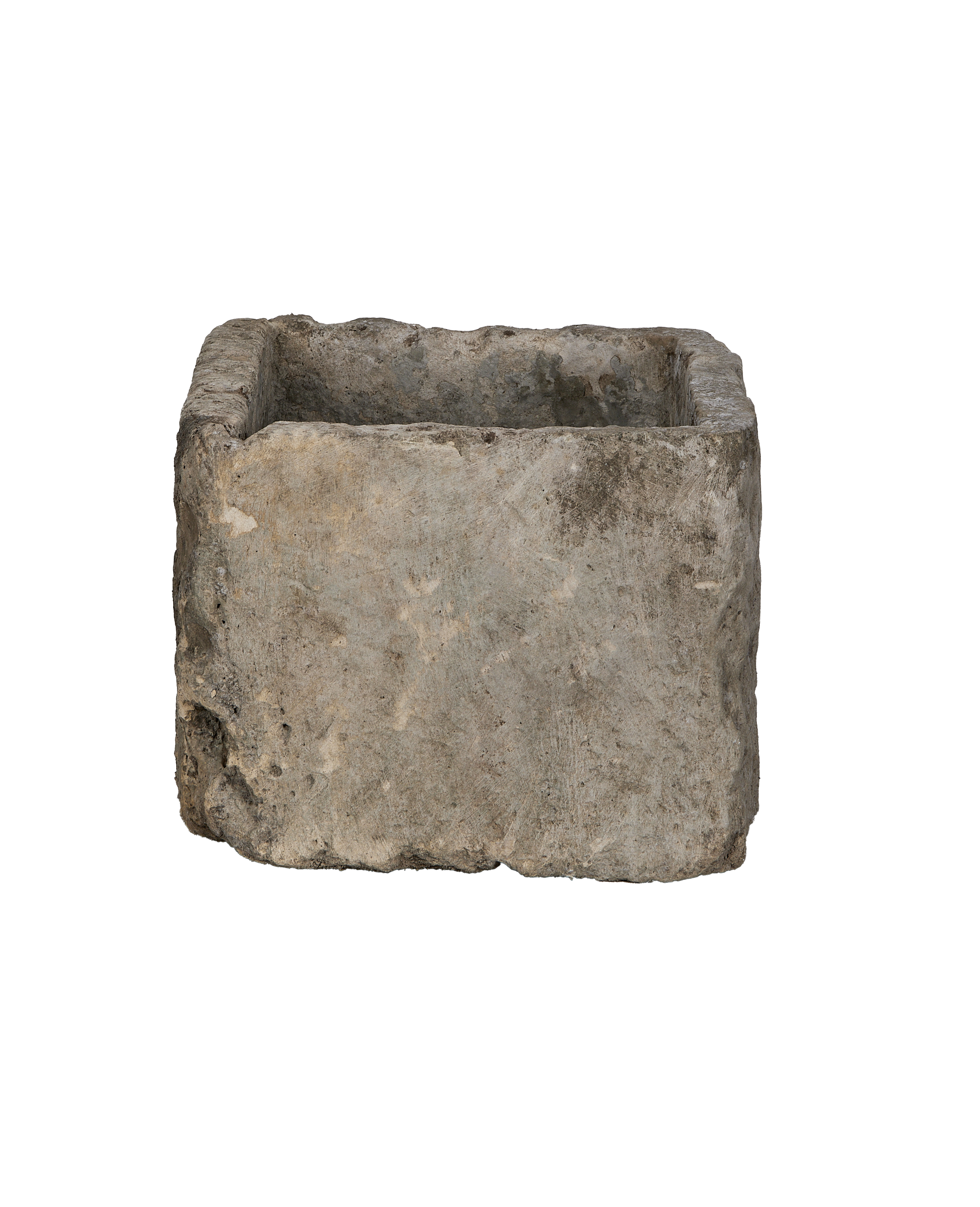 Vintage gray rectangular limestone trough, rustic texture, top view showing weathered interior.