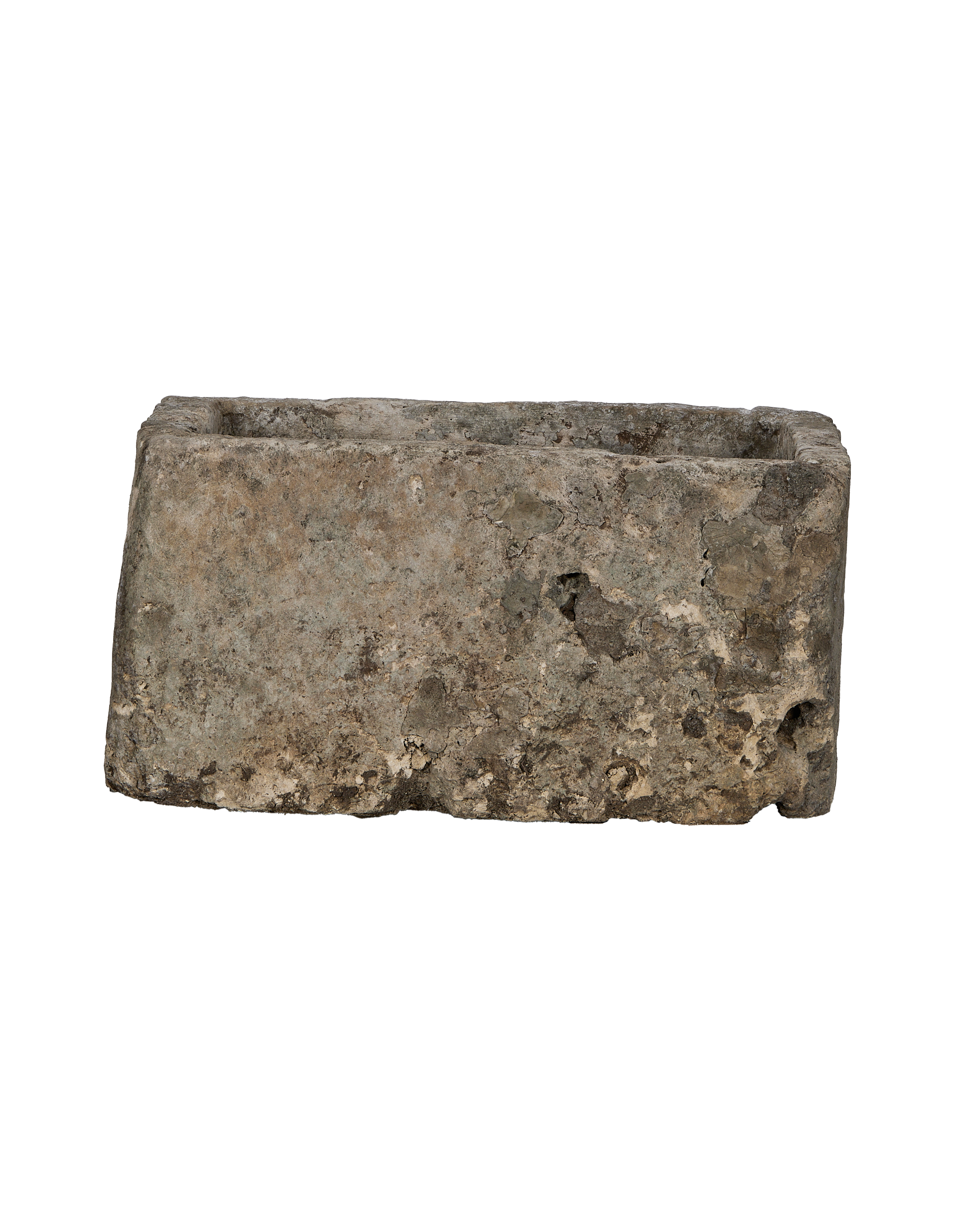 Rectangular vintage Indonesian limestone trough, showcasing rustic weathered texture, moss, and unique surface imperfections.