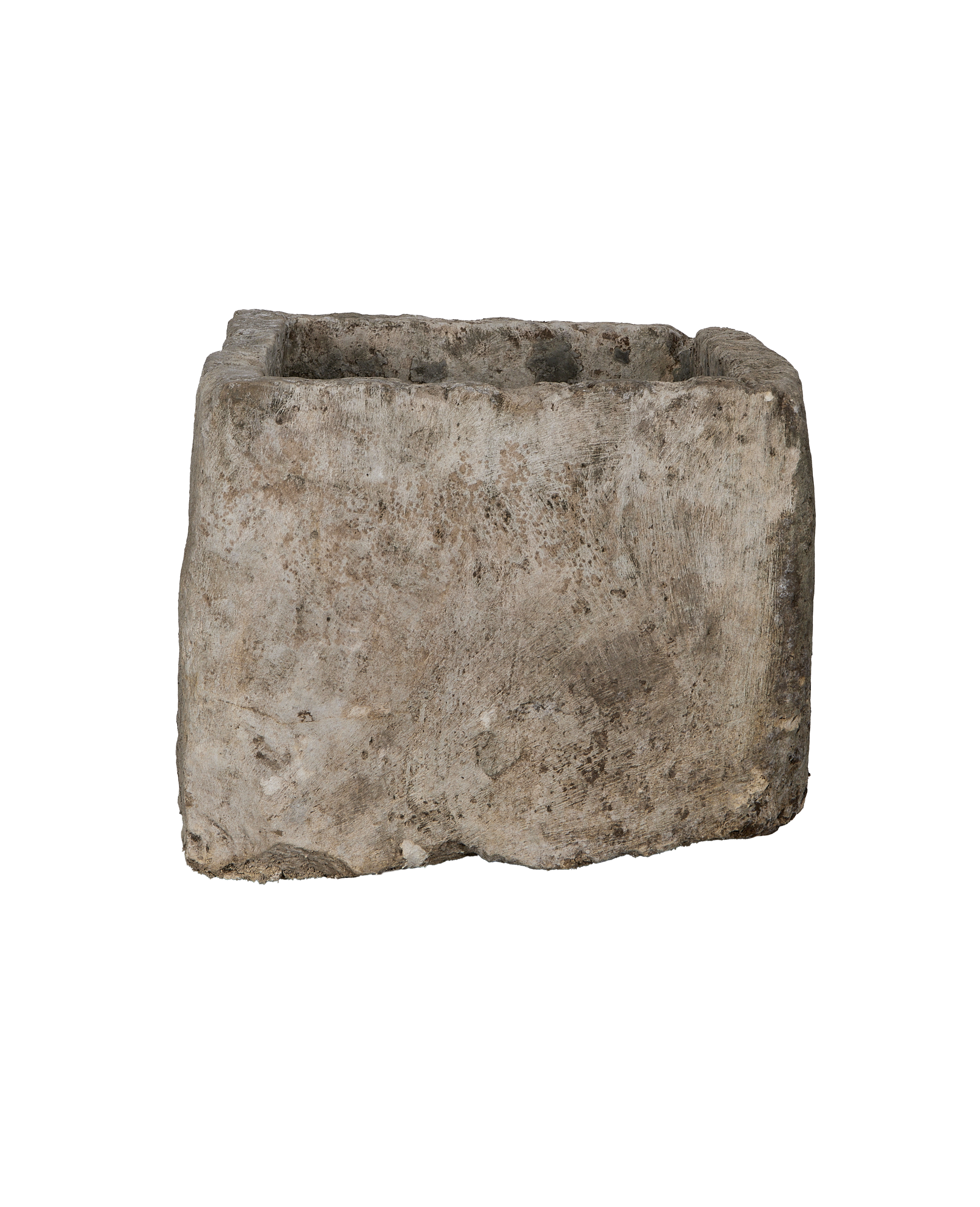 Vintage rectangular limestone trough, showing rough-hewn front texture and varied patinated surface.