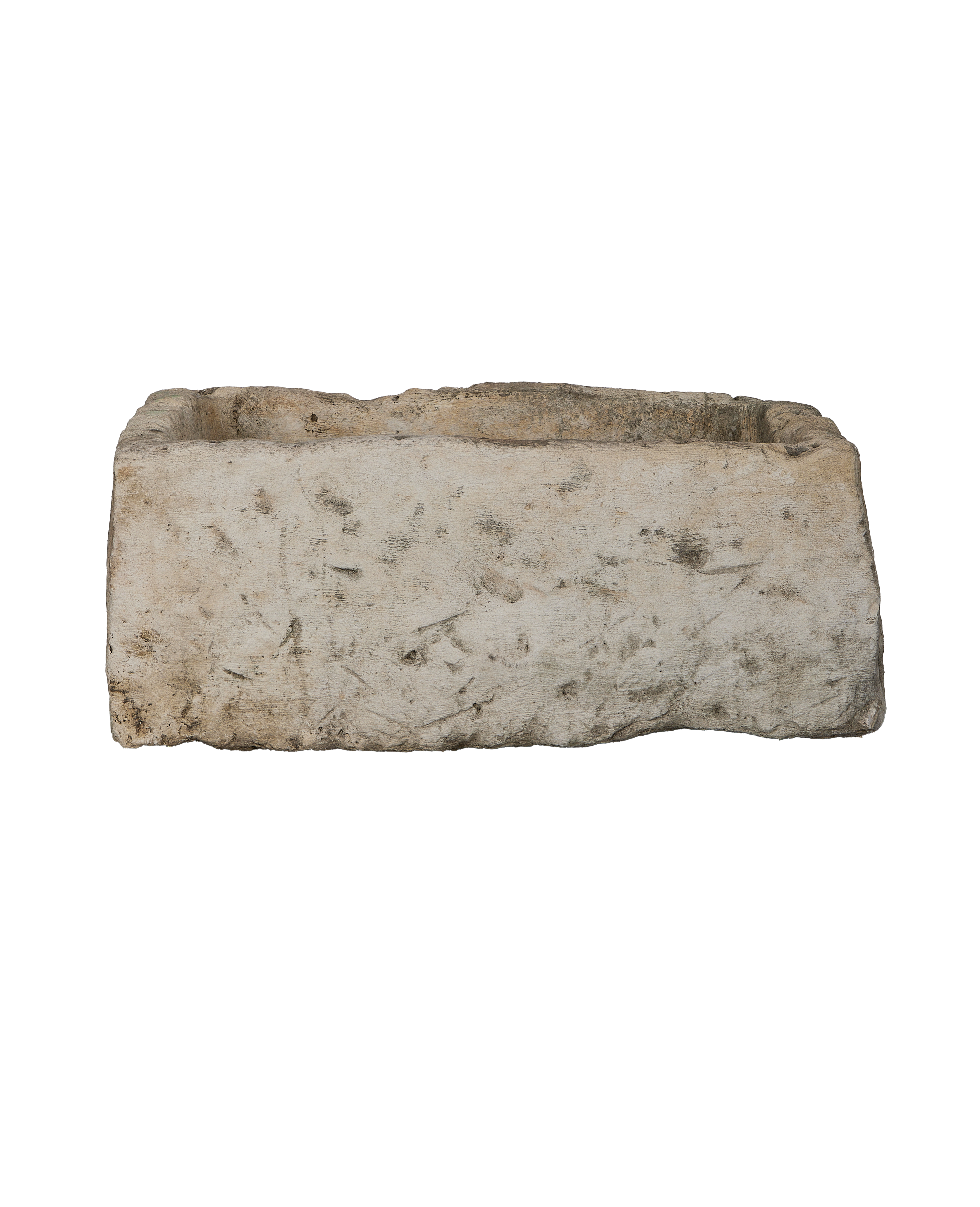 Vintage Indonesian limestone trough, rectangular, with textured, weathered light-grey surface.