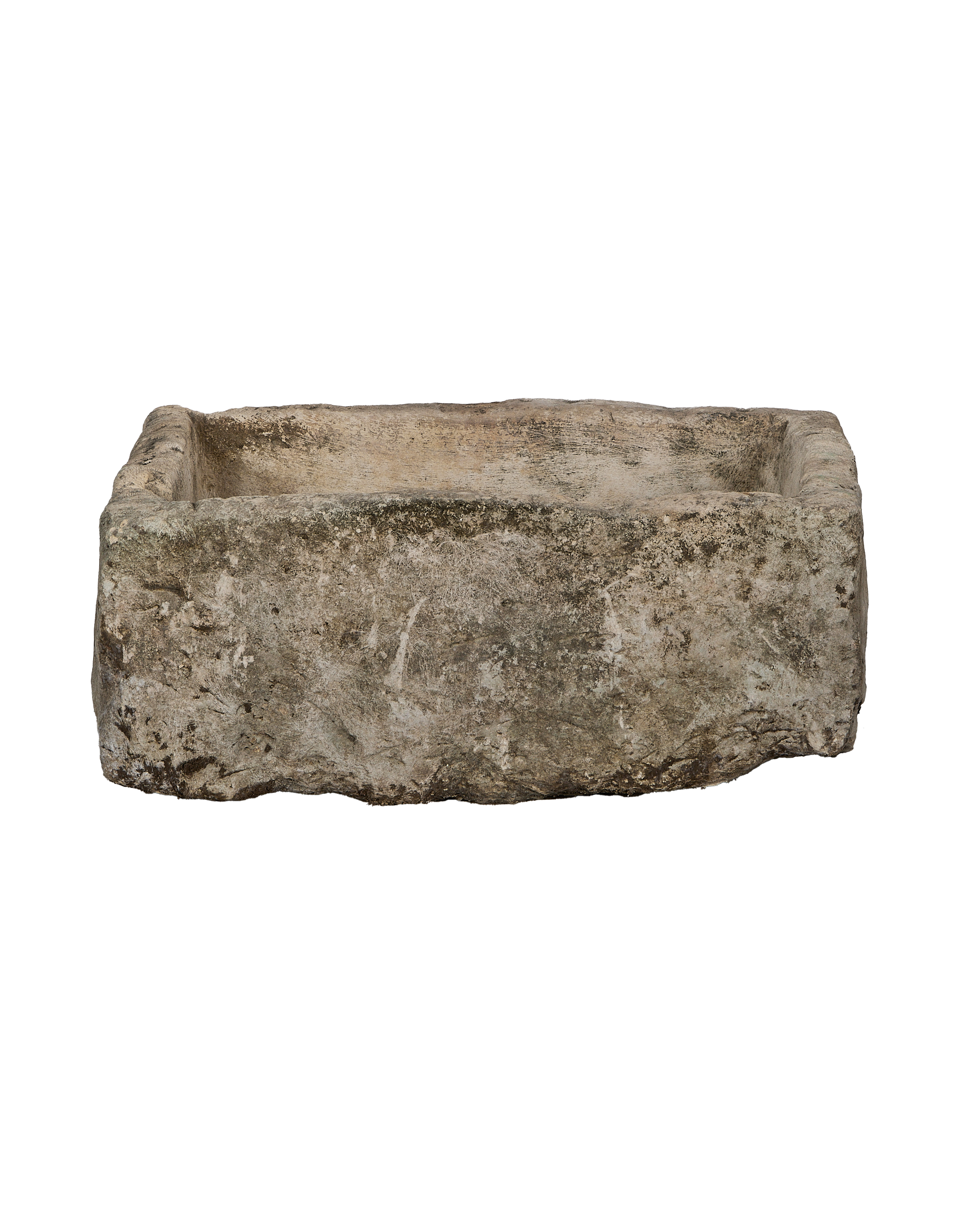 Vintage Indonesian rectangular limestone trough, full frontal view, showcasing weathered texture and character.
