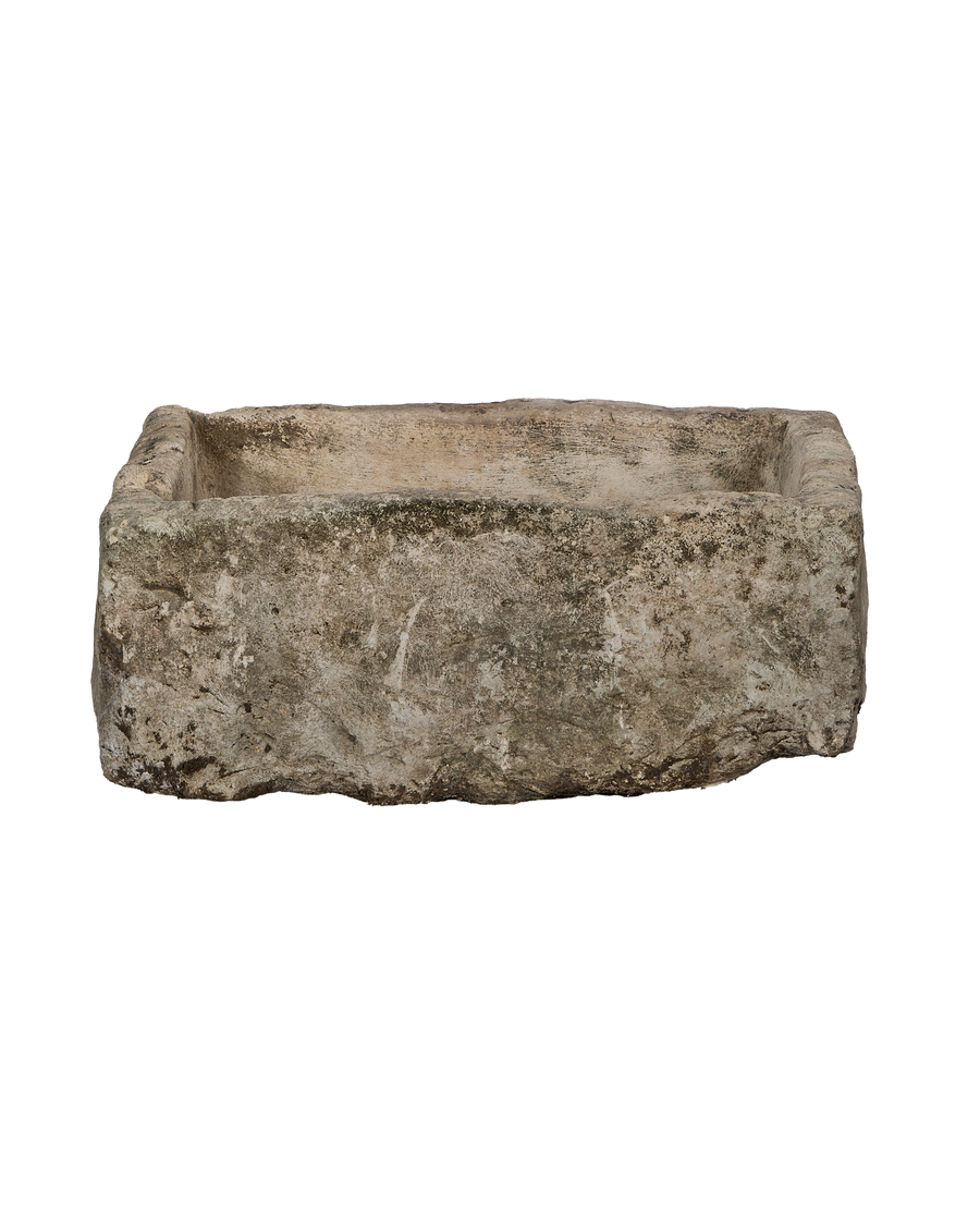 Vintage Indonesian rectangular limestone trough, full frontal view, showcasing weathered texture and character.