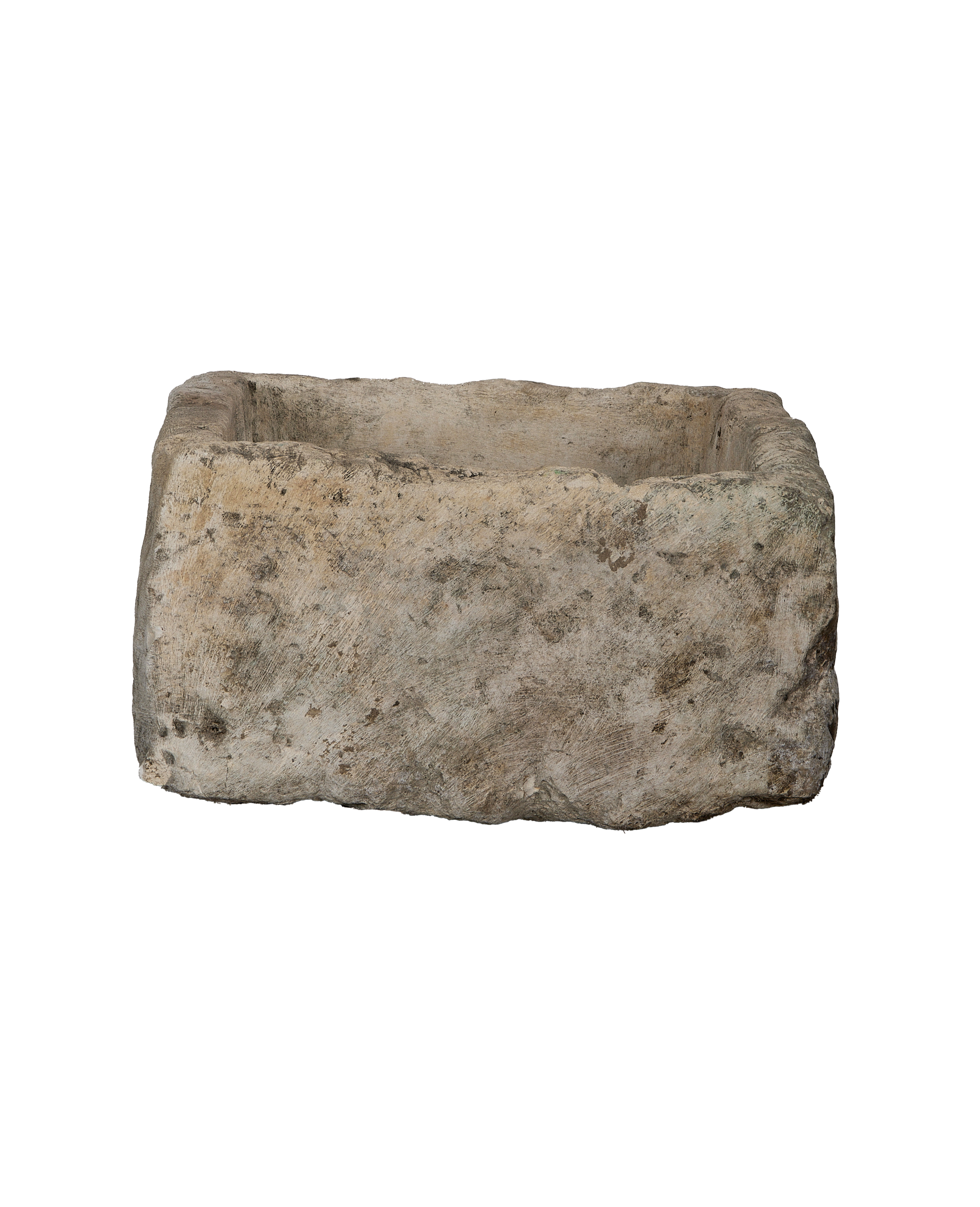 Vintage Indonesian limestone trough, OAK rectangle, showing detailed side texture and natural aged patina.
