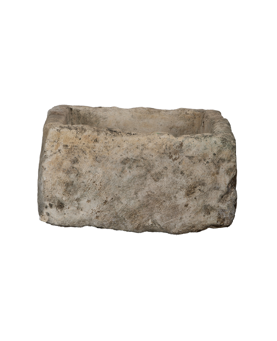 Vintage Indonesian limestone trough, OAK rectangle, showing detailed side texture and natural aged patina.