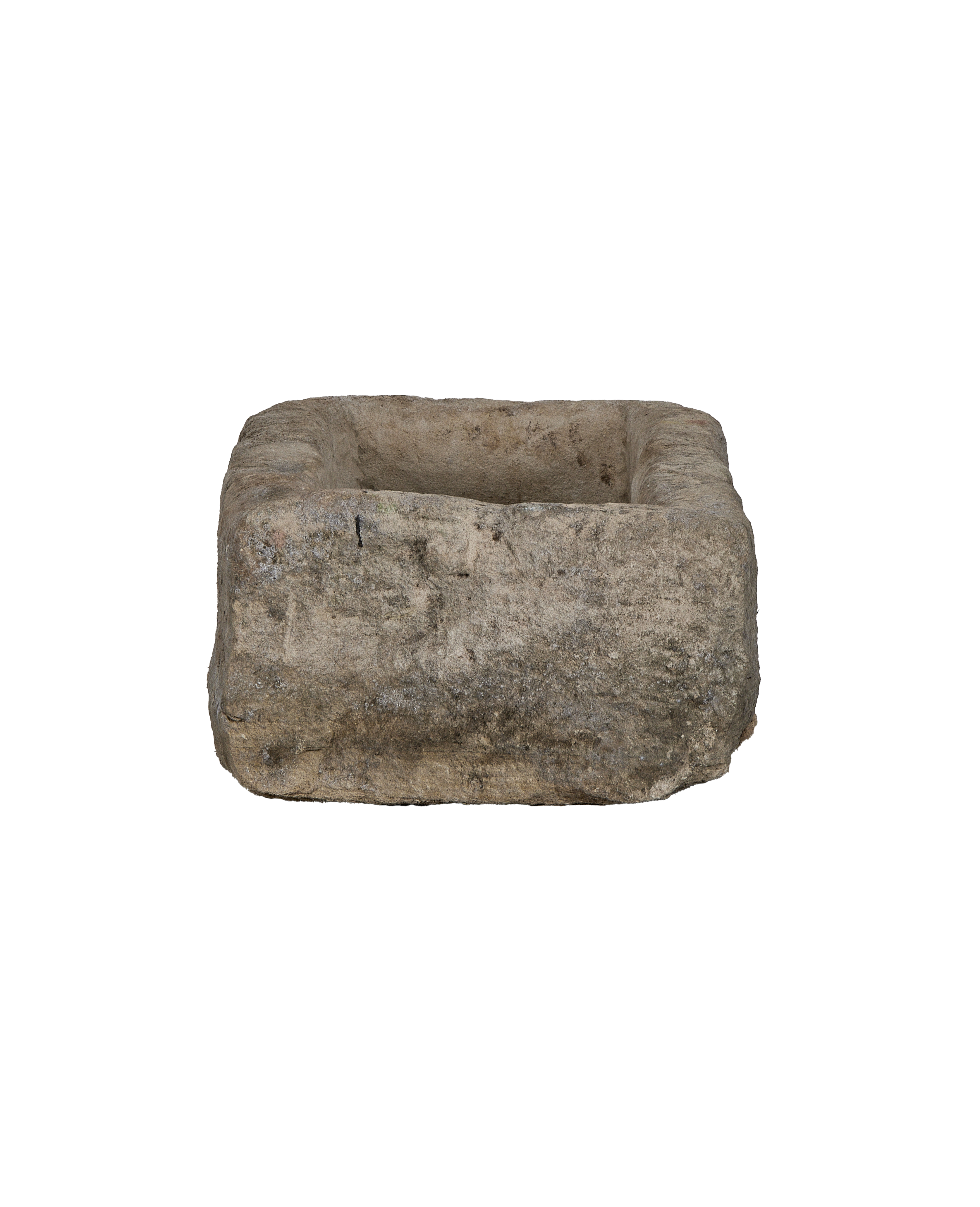 Vintage Indonesian rectangular limestone trough, front view showing weathered texture and interior depth.