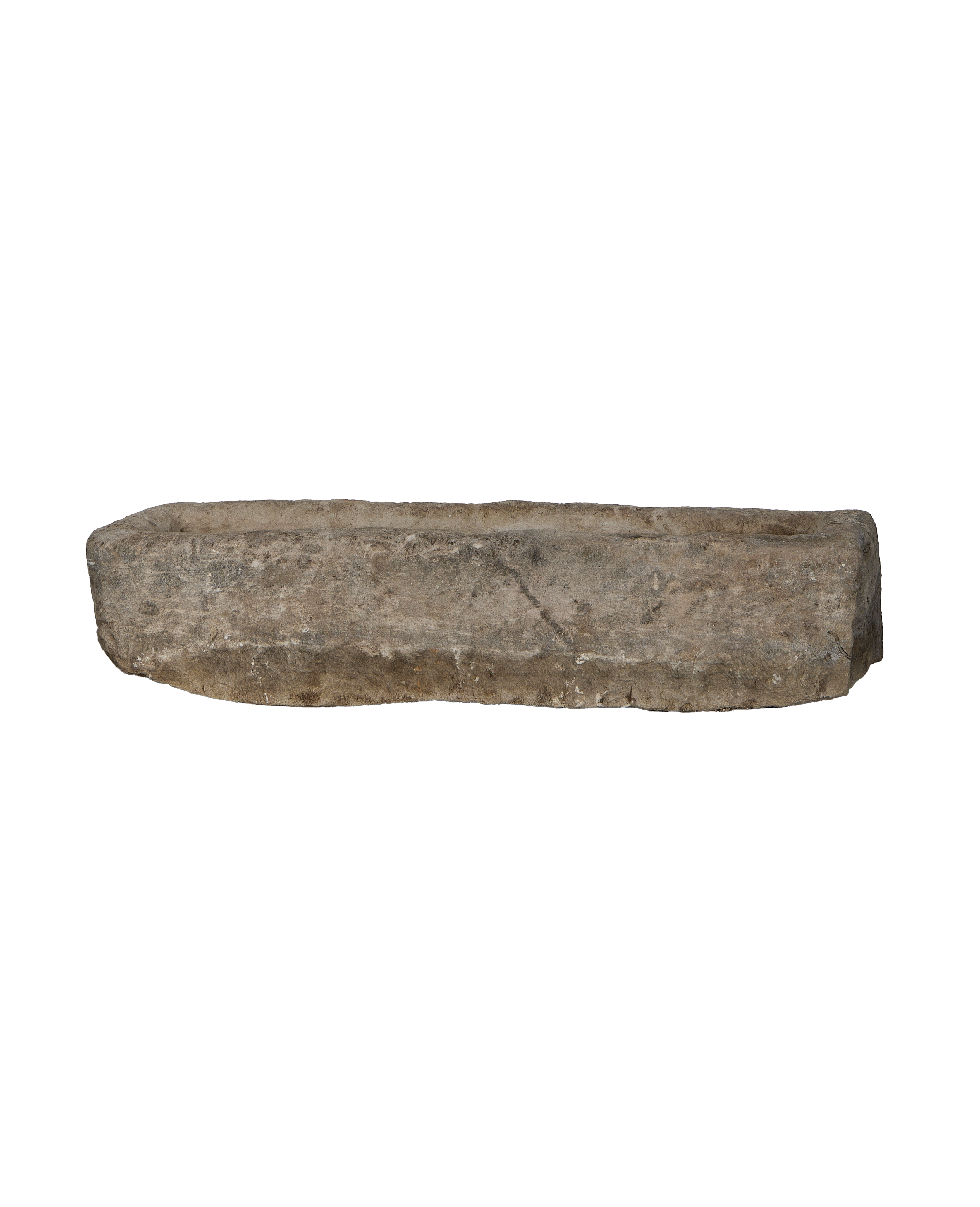 Vintage Indonesian rectangular limestone trough, bottom-view showing primitive aged texture and natural weathered condition.