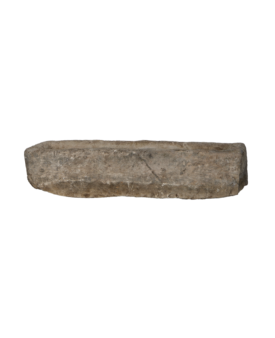 Vintage Indonesian rectangular limestone trough, bottom-view showing primitive aged texture and natural weathered condition.