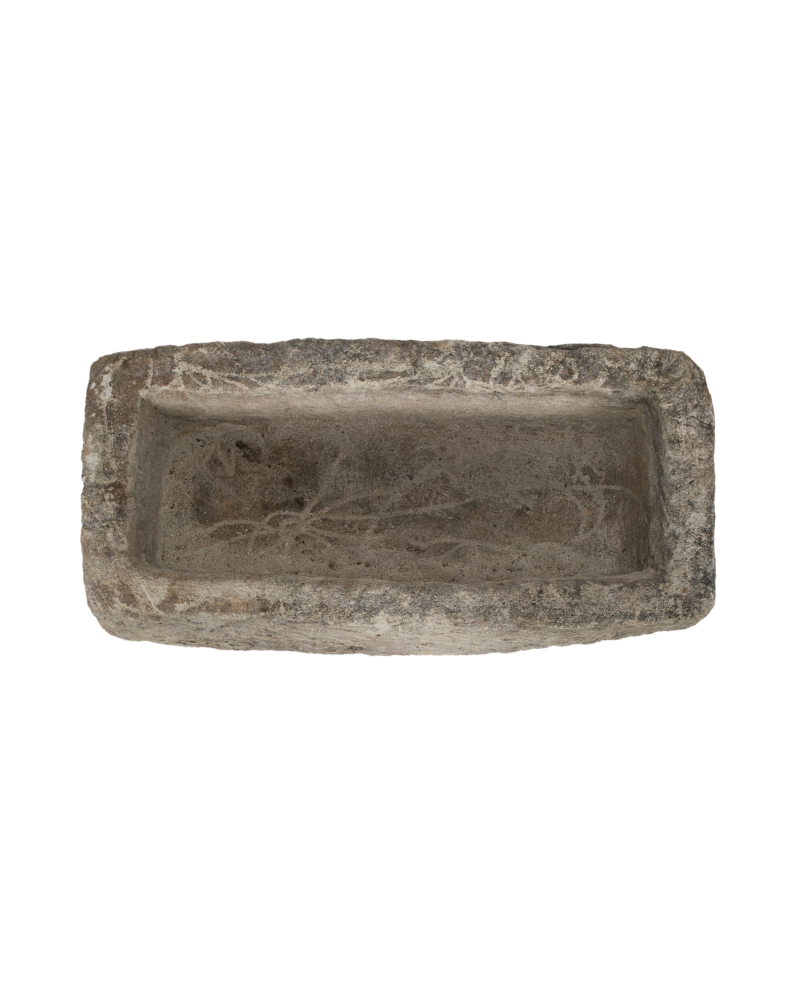 Vintage rectangular Indonesian limestone trough, top view highlights internal patina and texture.
