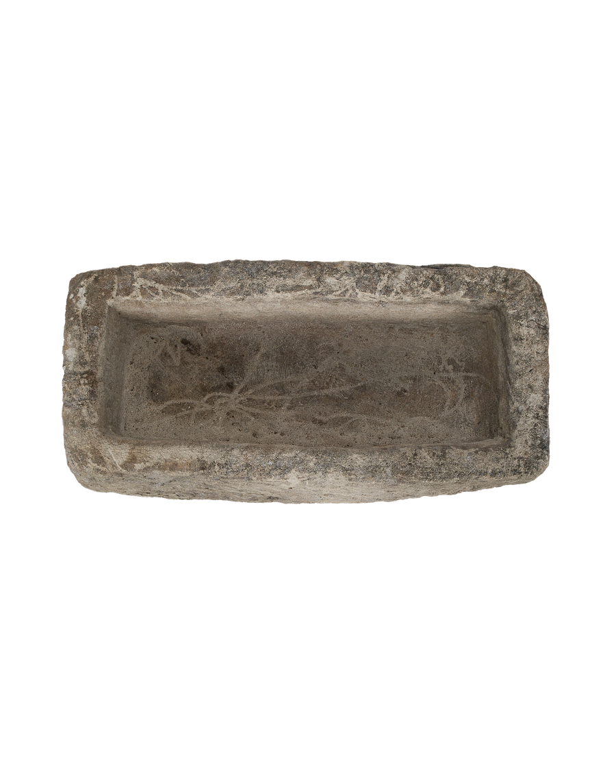 Vintage rectangular Indonesian limestone trough, top view highlights internal patina and texture.