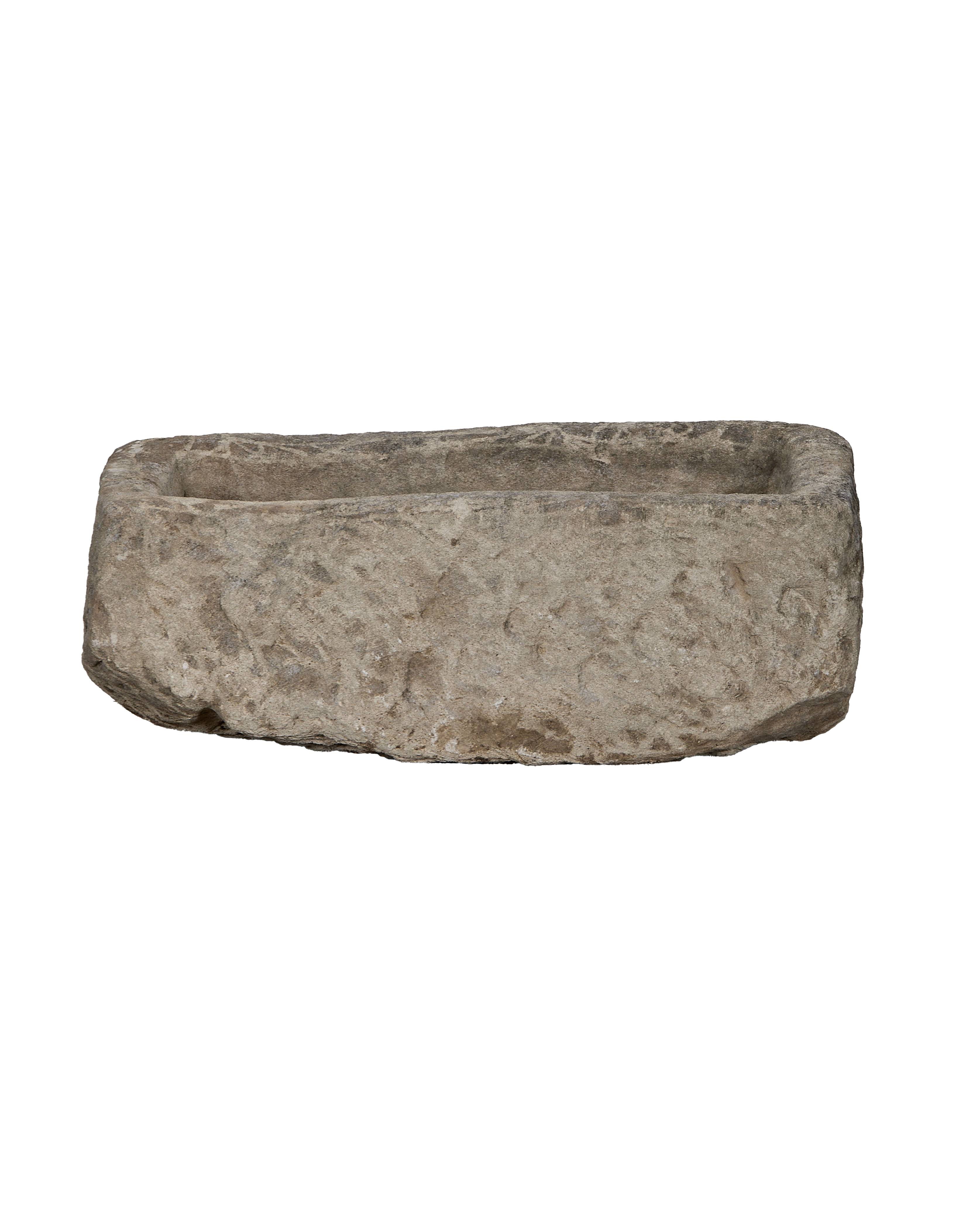 Vintage rectangular limestone trough, rustic weathered finish, full view on black background.