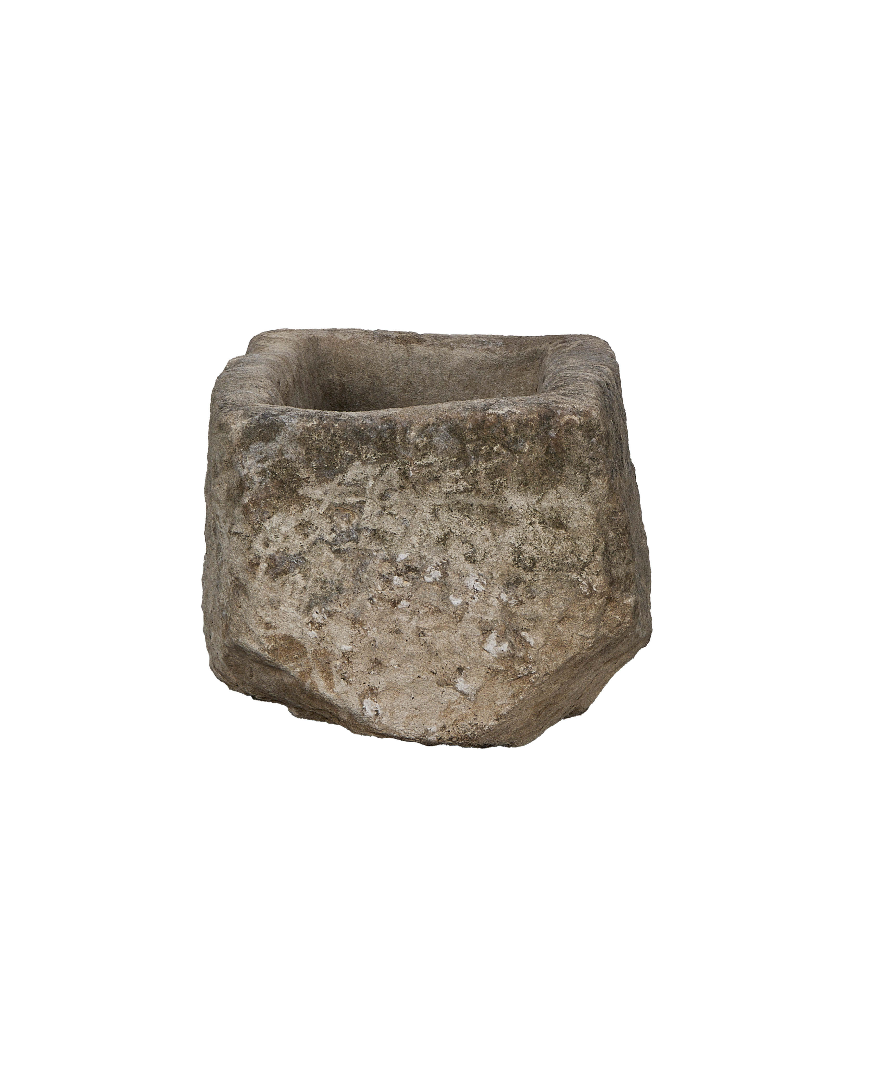 Vintage rectangular limestone trough, showing rough side texture and weathered patina from Indonesia.