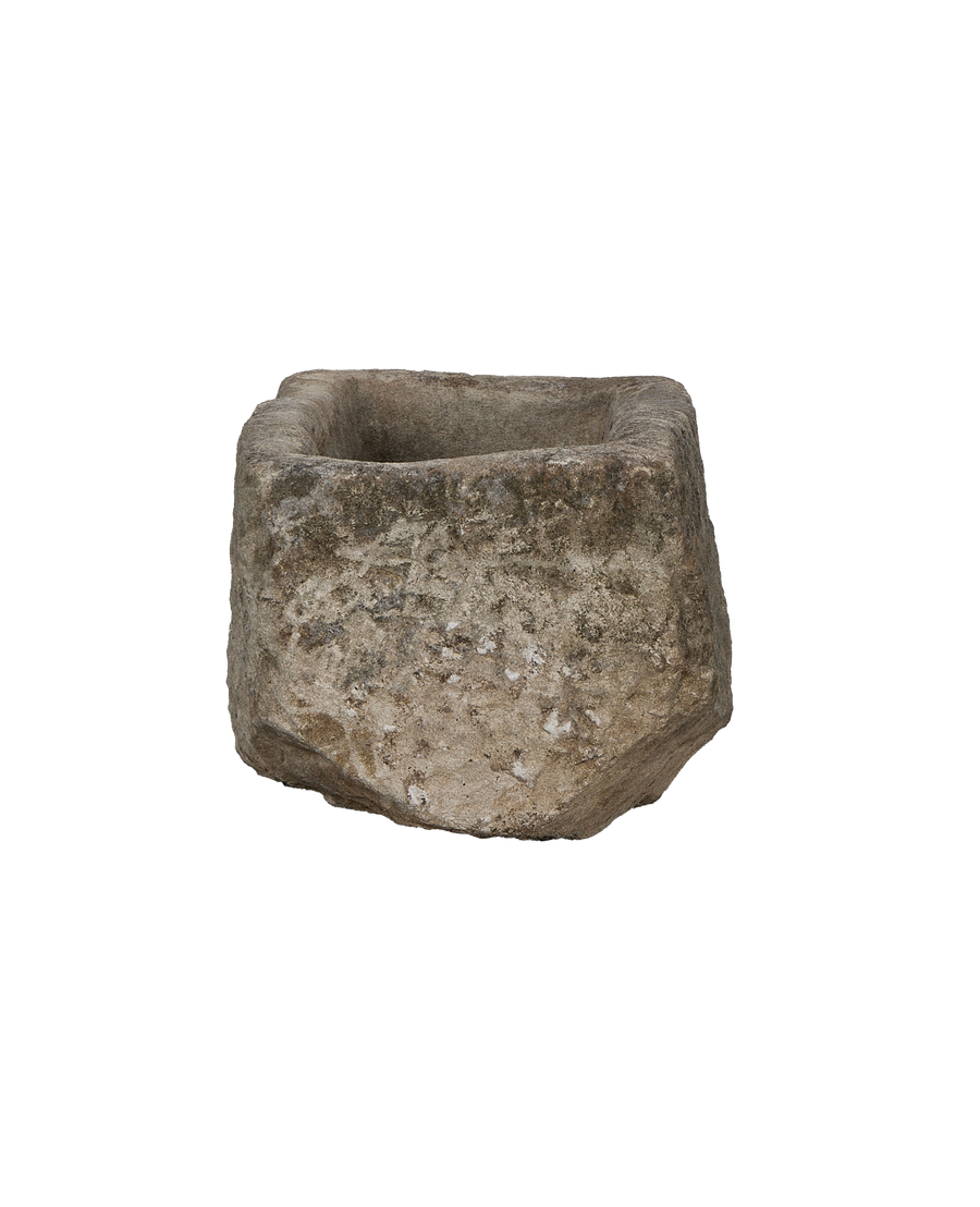 Vintage rectangular limestone trough, showing rough side texture and weathered patina from Indonesia.