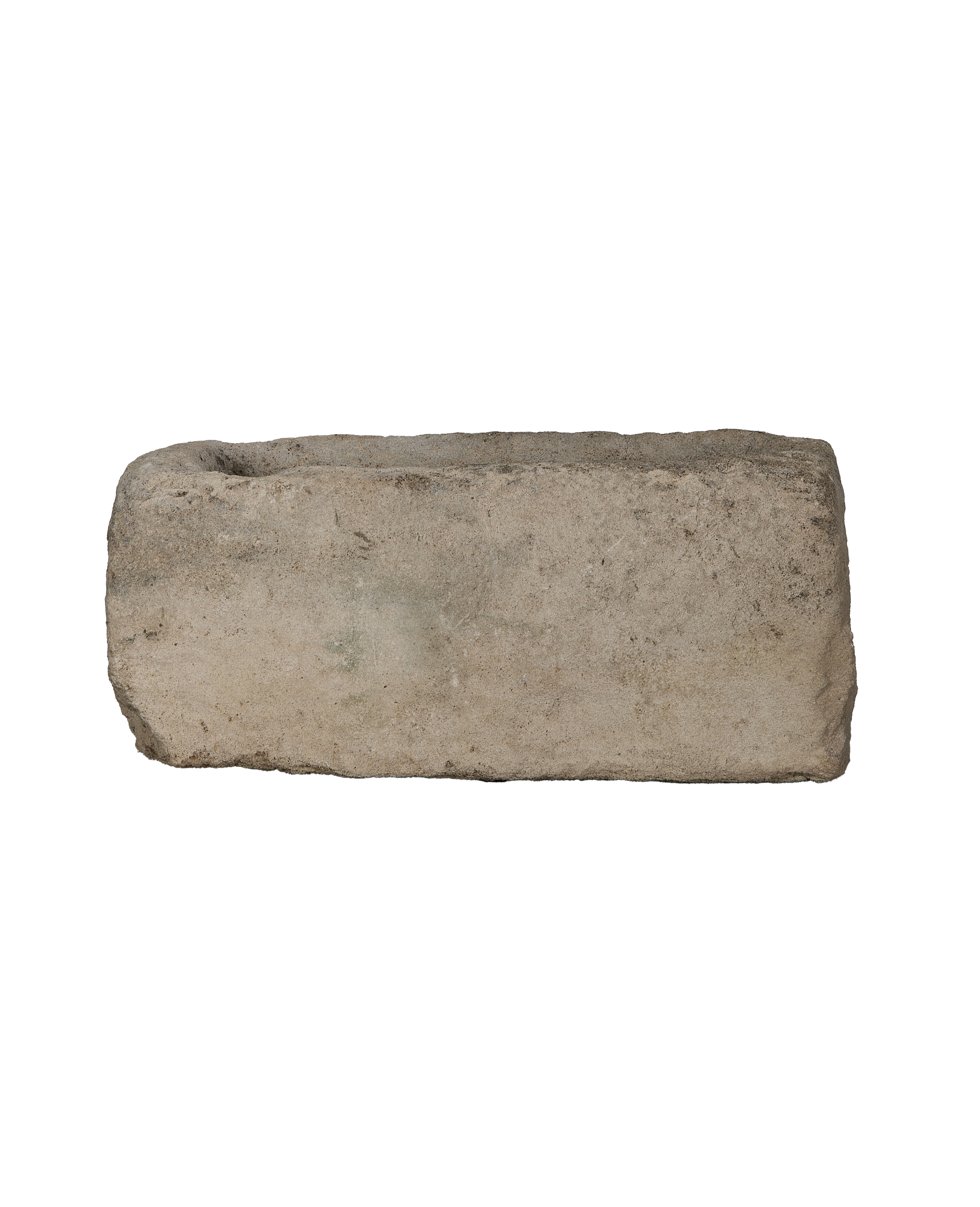 Vintage rectangular limestone trough, light gray with weathered texture, from Indonesia.