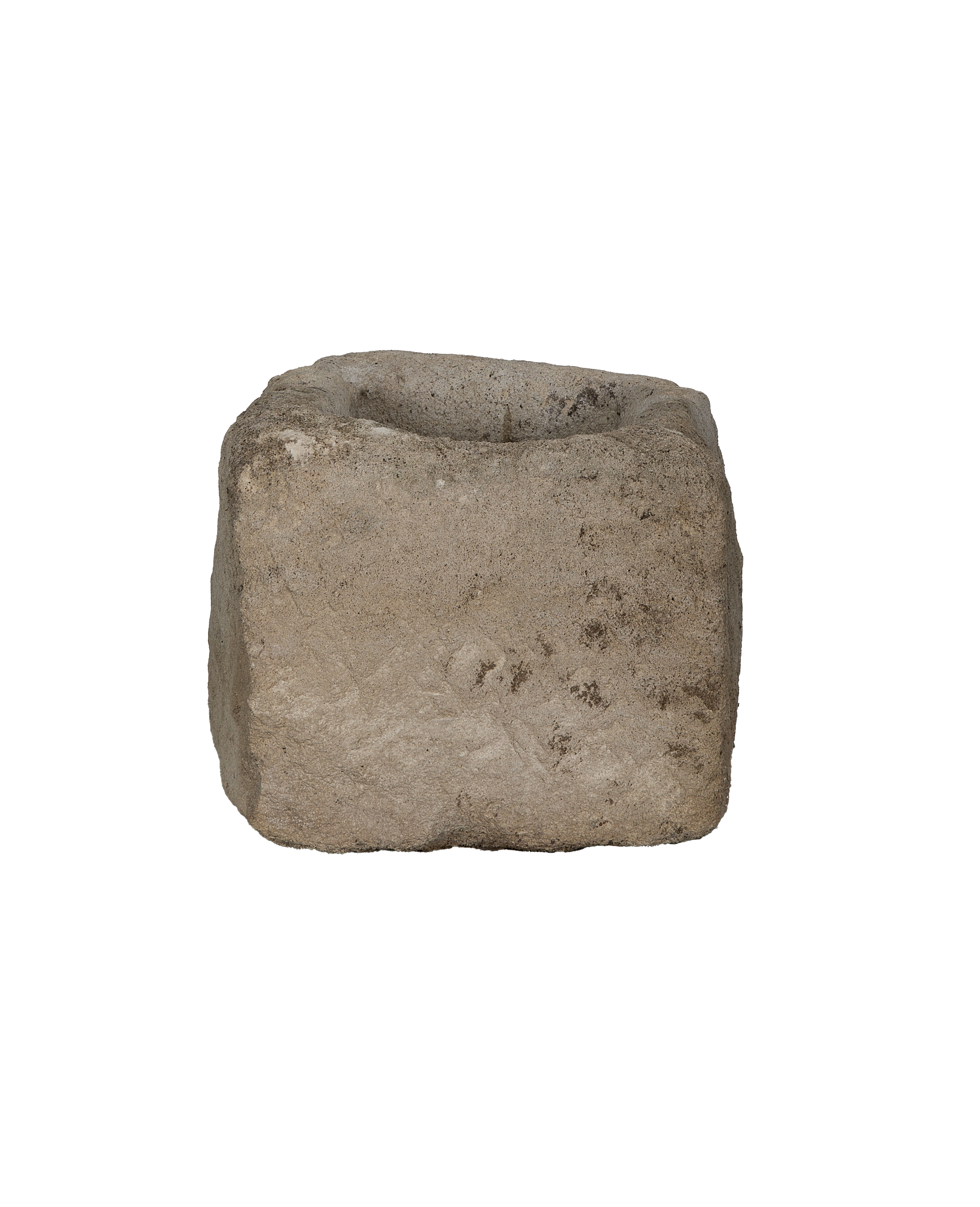 Vintage Indonesian limestone trough, top opening detail showcasing carved weathered texture.
