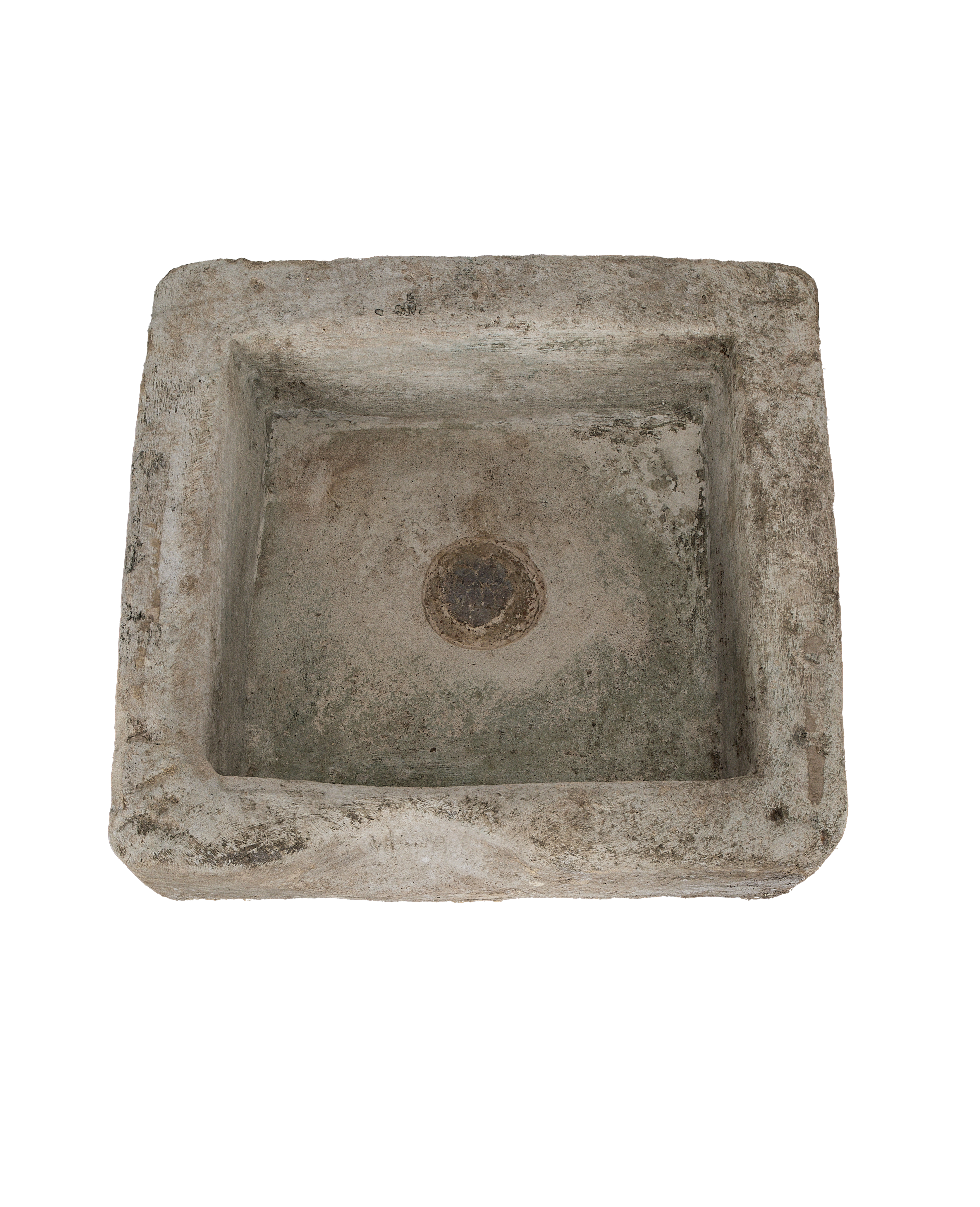 Vintage rectangular limestone trough, overhead view highlighting textured Indonesian stone and drain hole.