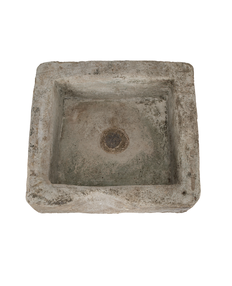 Vintage rectangular limestone trough, overhead view highlighting textured Indonesian stone and drain hole.