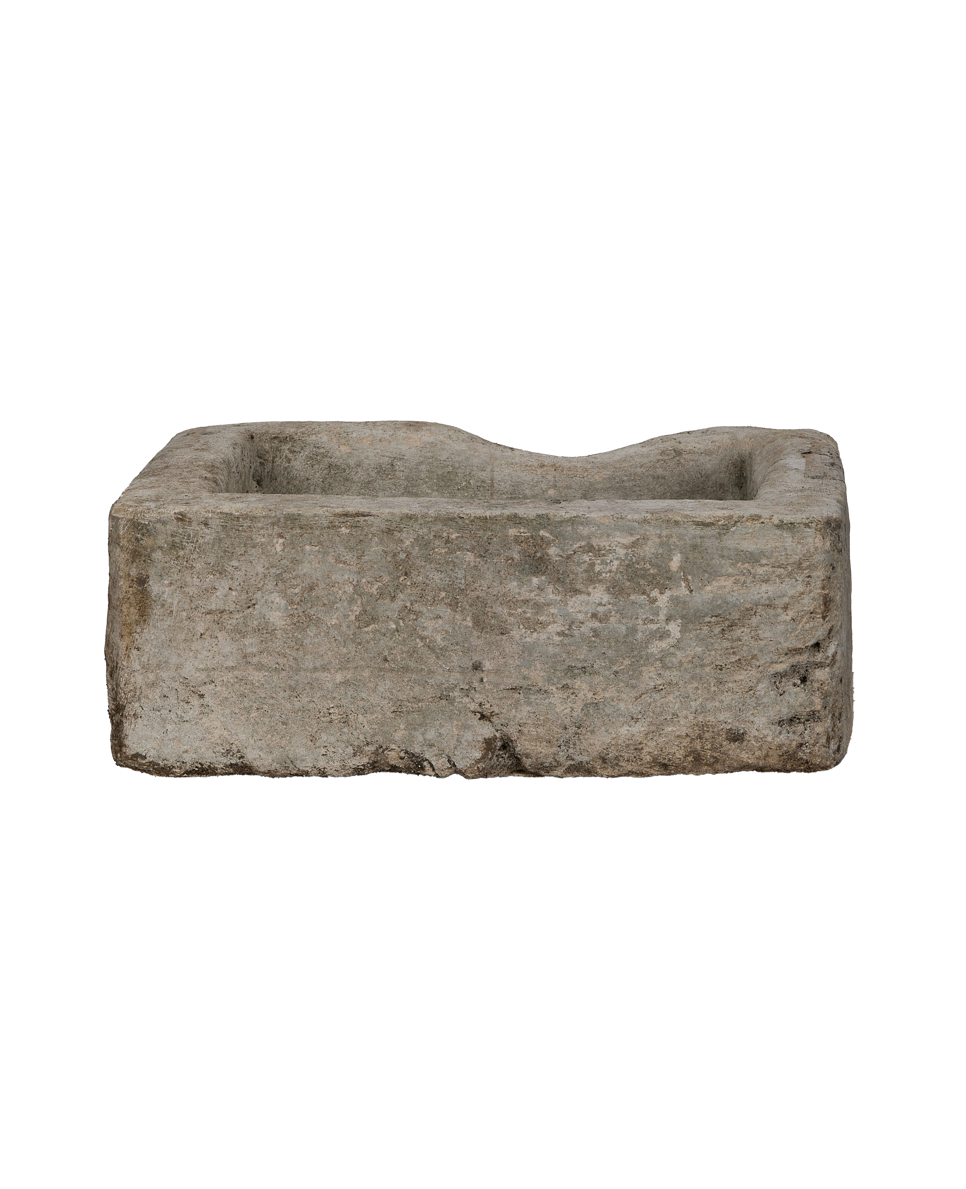 Vintage Indonesian rectangular limestone trough showing wavy inner rim and rustic texture.
