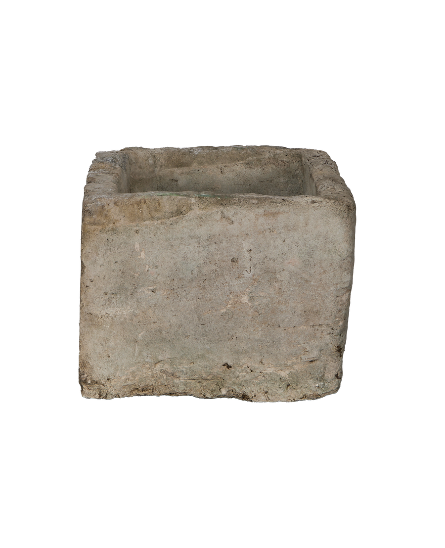 Vintage Indonesian OAK limestone trough, rectangular, rugged texture, weathered exterior.