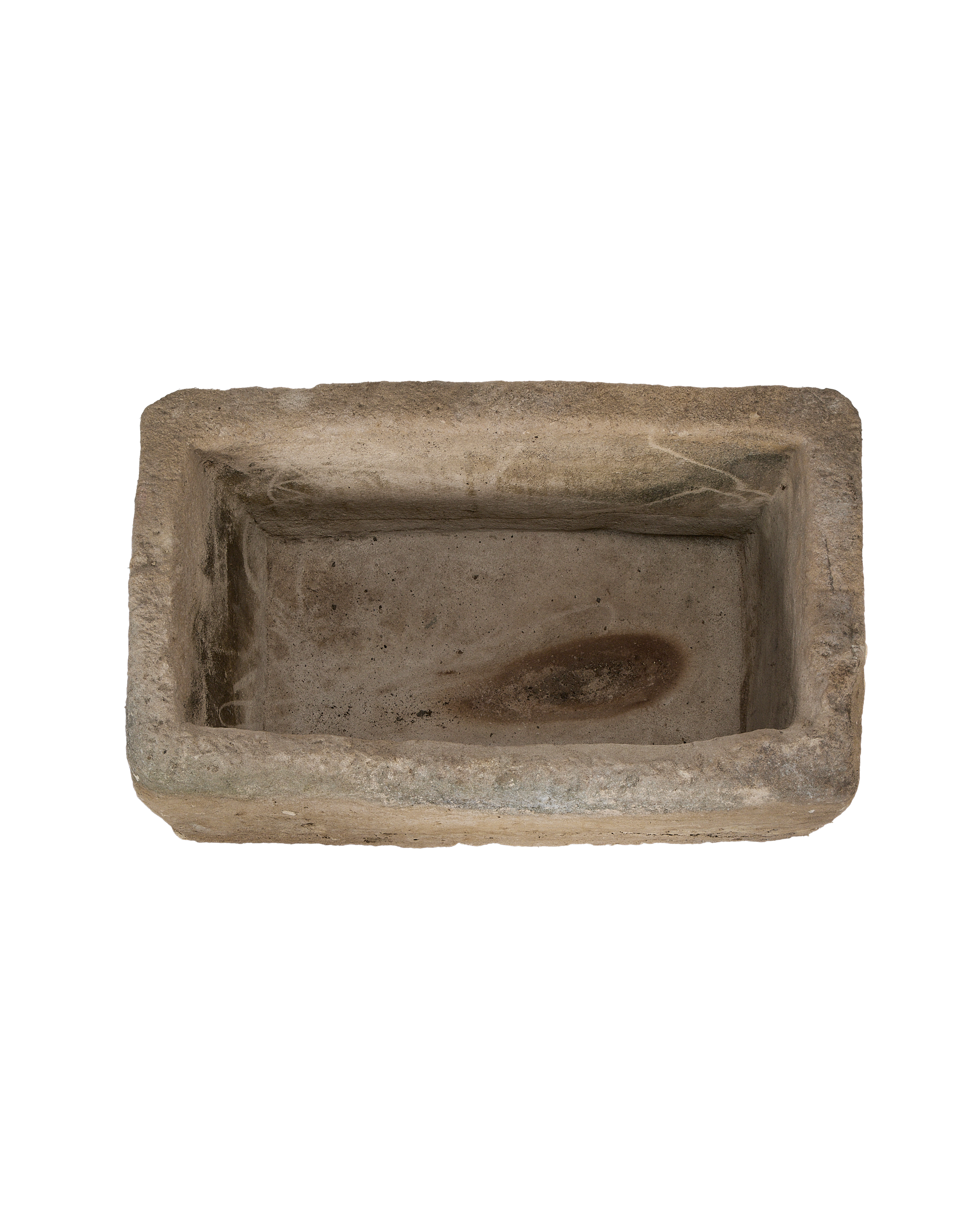 Vintage rectangular limestone trough, top view with unique interior surface patination and character.