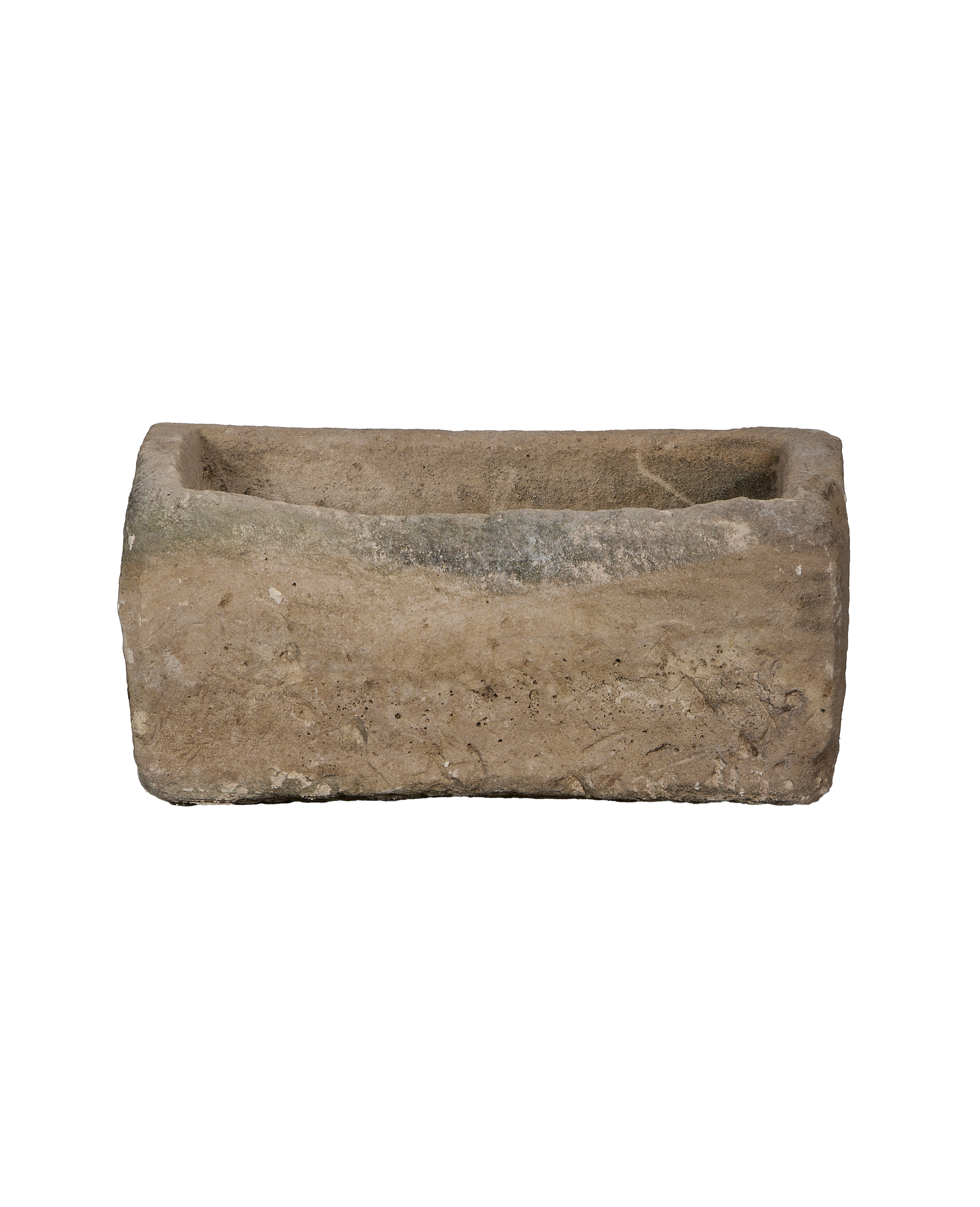 Vintage rectangular limestone trough with rustic texture and weathered patina, front view.
