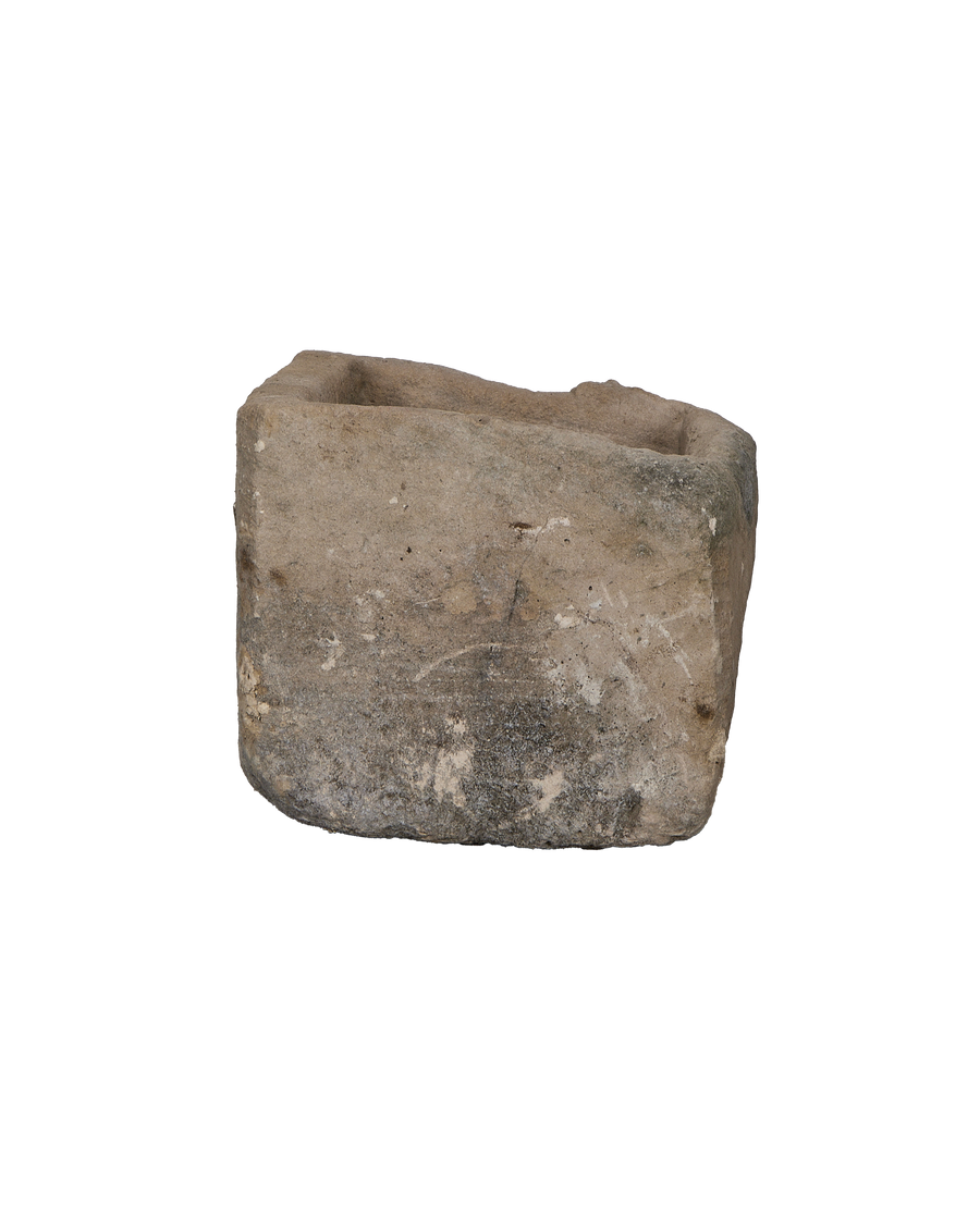 Vintage Indonesian limestone trough, rectangular, rustic, showing weathered patina and texture.