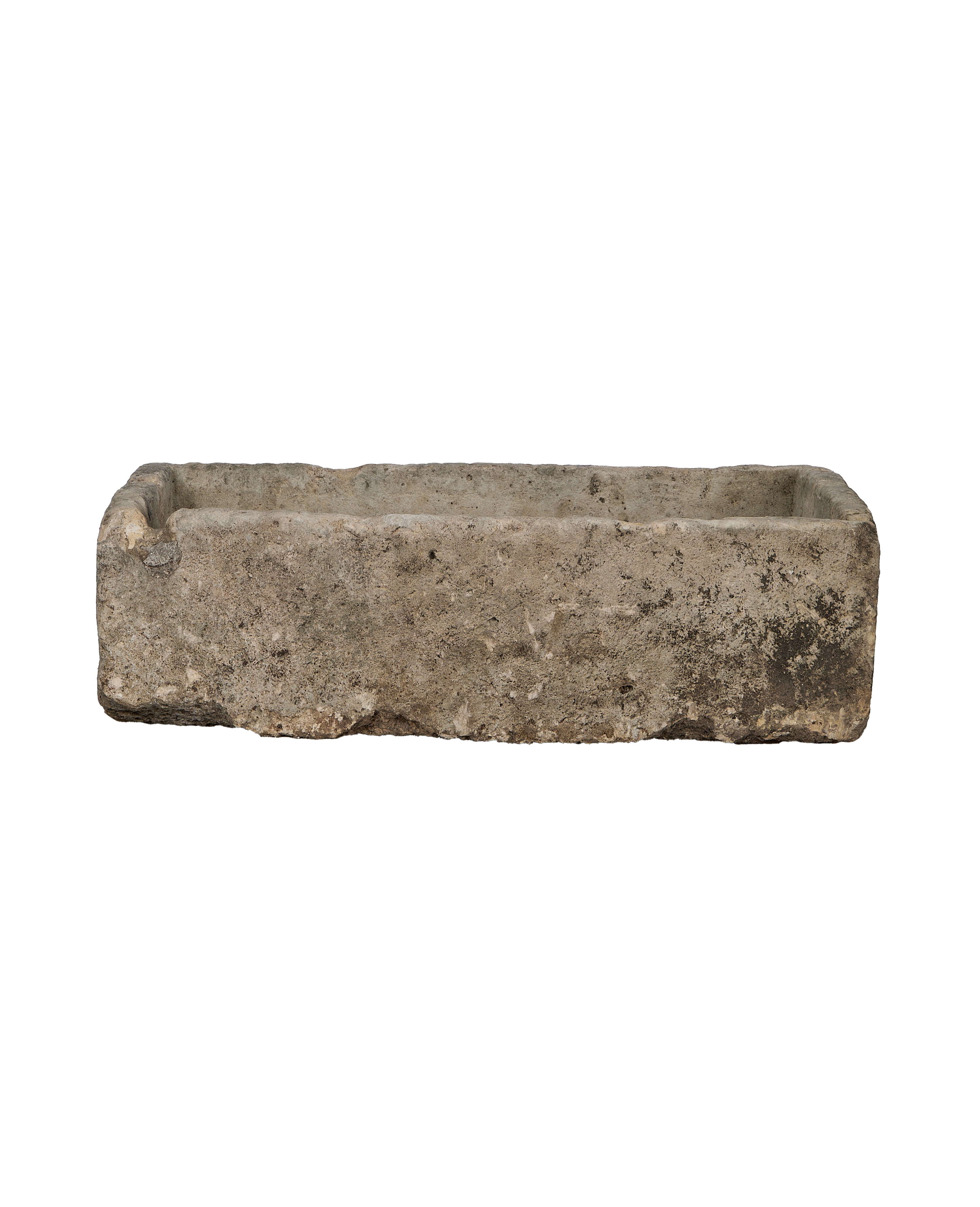 Vintage rectangular limestone trough, rustic Indonesian oak, distressed surface texture.