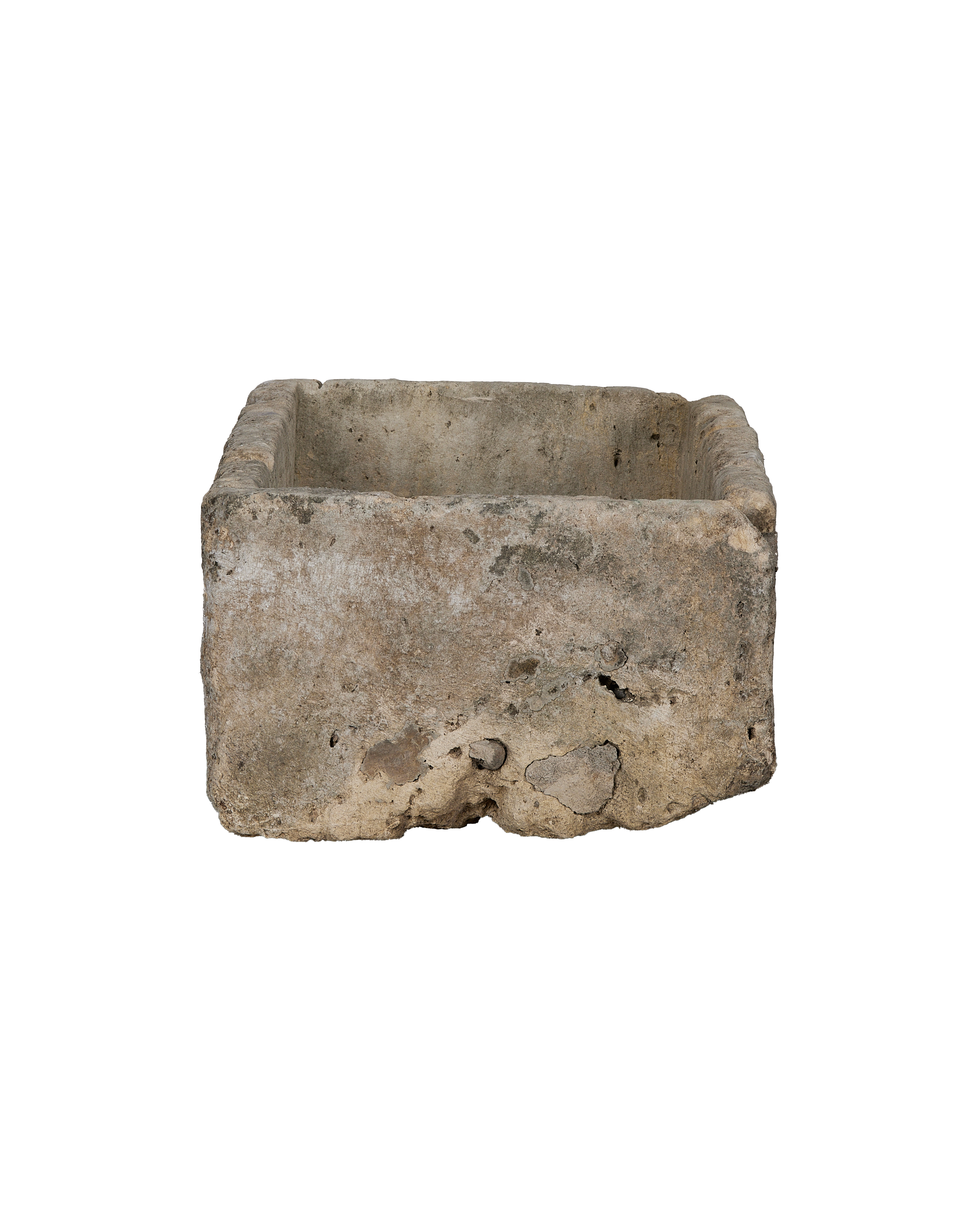 Vintage rectangular limestone trough, showing a side view with natural rough texture and weathered patina.